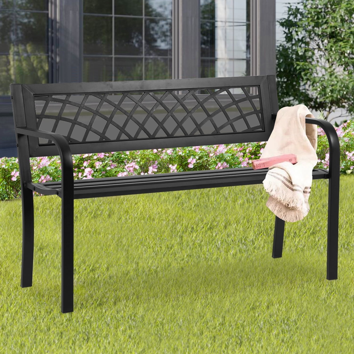 NiamVelo Outdoor Metal Garden Bench, Rust-Resistant Steel Patio Park Chair with Mesh Pattern (Black, 45.5 in x 21.7 in x 30 in) e06dq