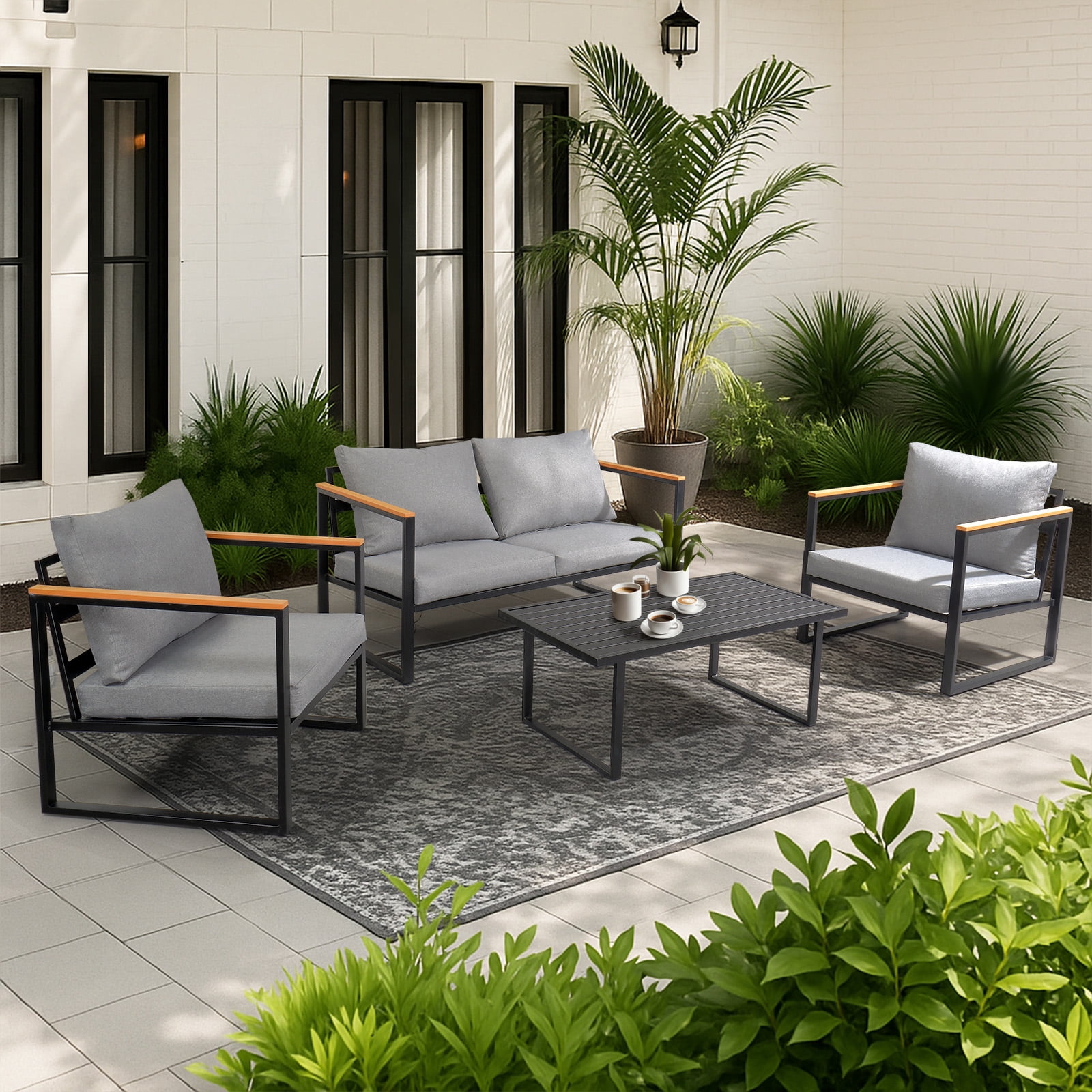 Zimtown 4-Piece Outdoor Patio Conversation Set, Weather-Resistant Metal Furniture with Cushions (Gray, 4-Piece) 418ih