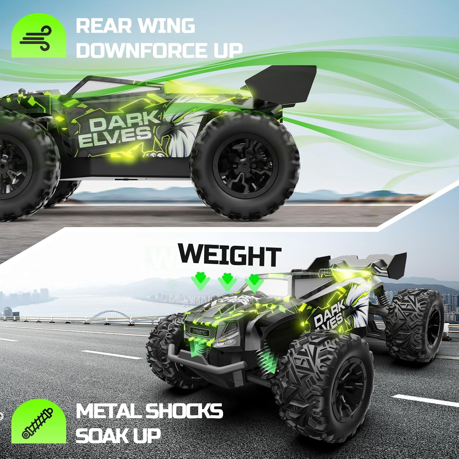 DEERC Remote Control Car, All-Terrain Off-Road Monster Truck with LED Lights and 2 Rechargeable Batteries (Green, 1 Pack) nyho8