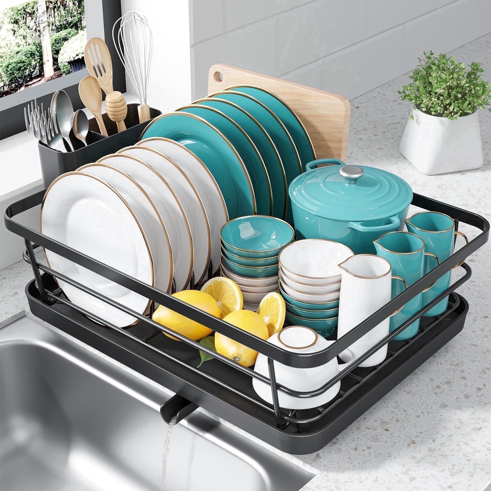 Sakugi Compact Dish Drying Rack for Kitchen Counter with Swivel Drainboard (Black, 15 in x 12 in x 5 in) jxwgs