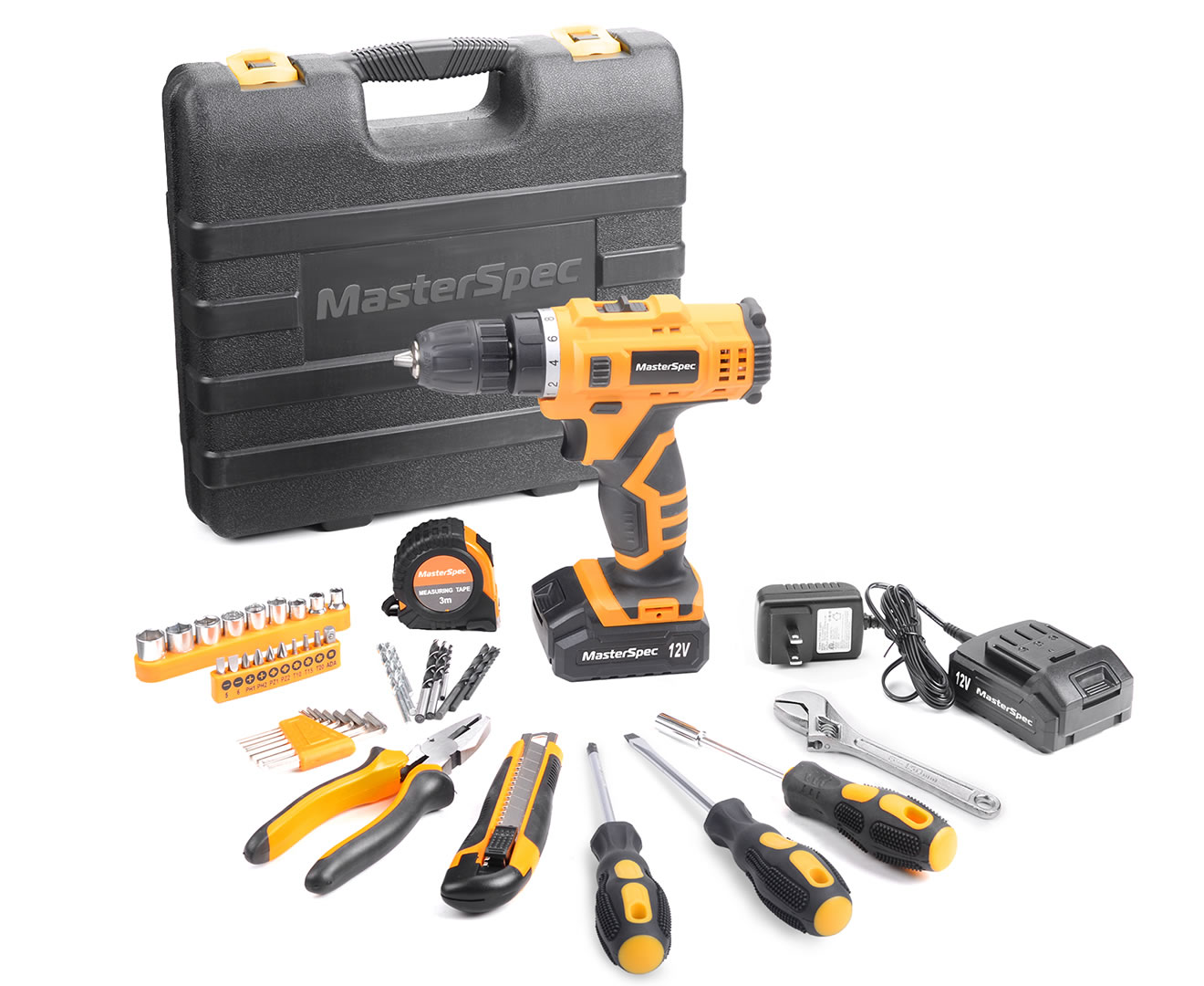 MasterSpec 12V Cordless Drill Driver Kit with 2 Batteries and 47PCS Household Hand Tools (Black, 47 Piece Set) p43r3 - Image 6