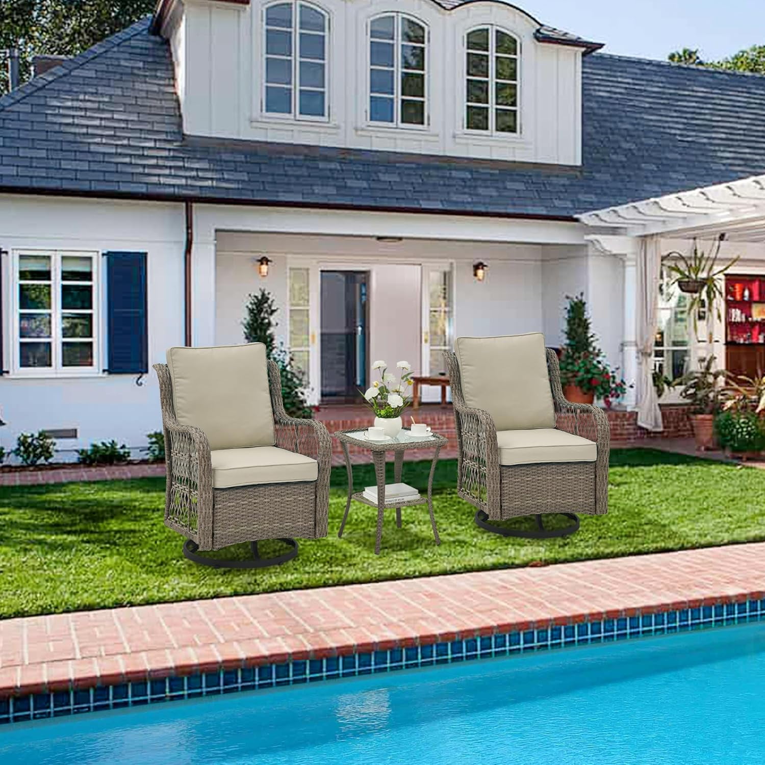 IdealHouse 3-Piece Wicker Patio Swivel Rocker Set (Grey & Apricot, 2 Glider Chairs with Side Table) 9tsuc
