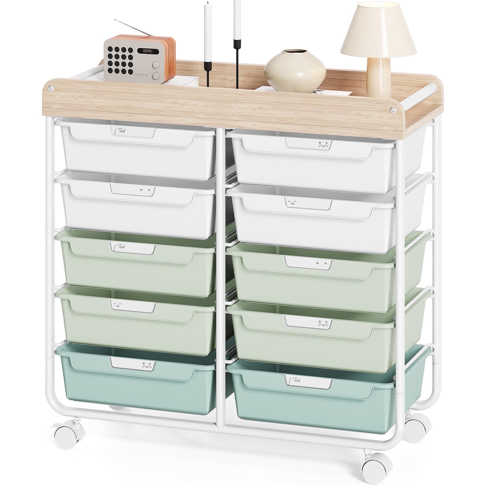KINGRACK 10-Drawer Rolling Storage Cart with Wooden Tabletop (Green, 15.35 in x 12.6 in x 38.2 in) 4vlwt
