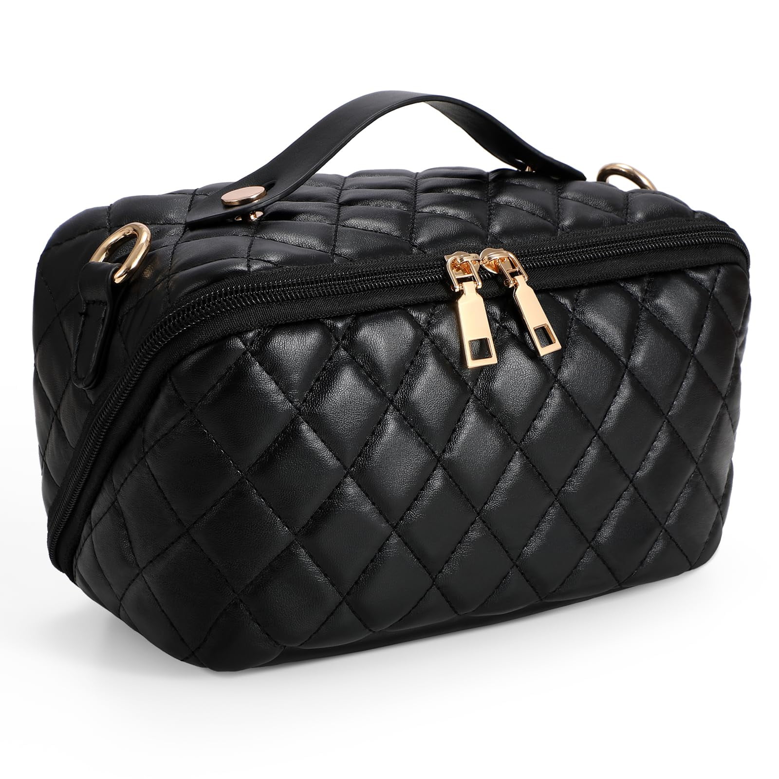 SUOSDEY 2-in-1 Crossbody Makeup Bag, Large Capacity Waterproof Leather Cosmetic Organizer (Black, 10 in x 7 in x 4 in) oj6sl