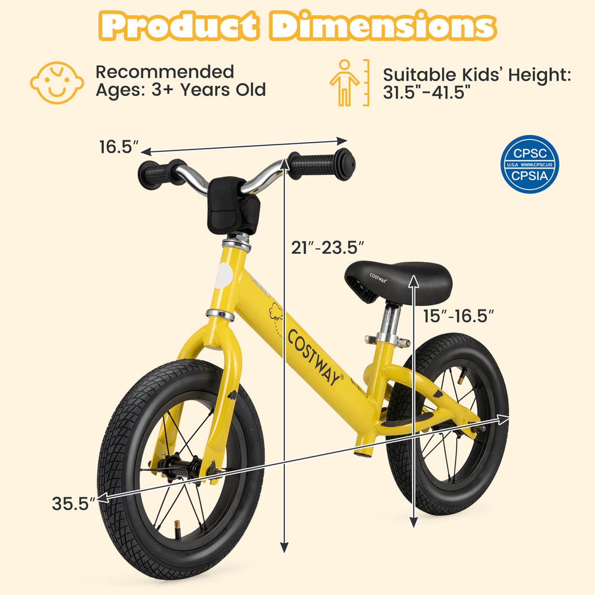 Costway Toddler Balance Bike No Pedal Training Bicycle with Inflatable Rubber Tires (Yellow, 12 in) dd9y5