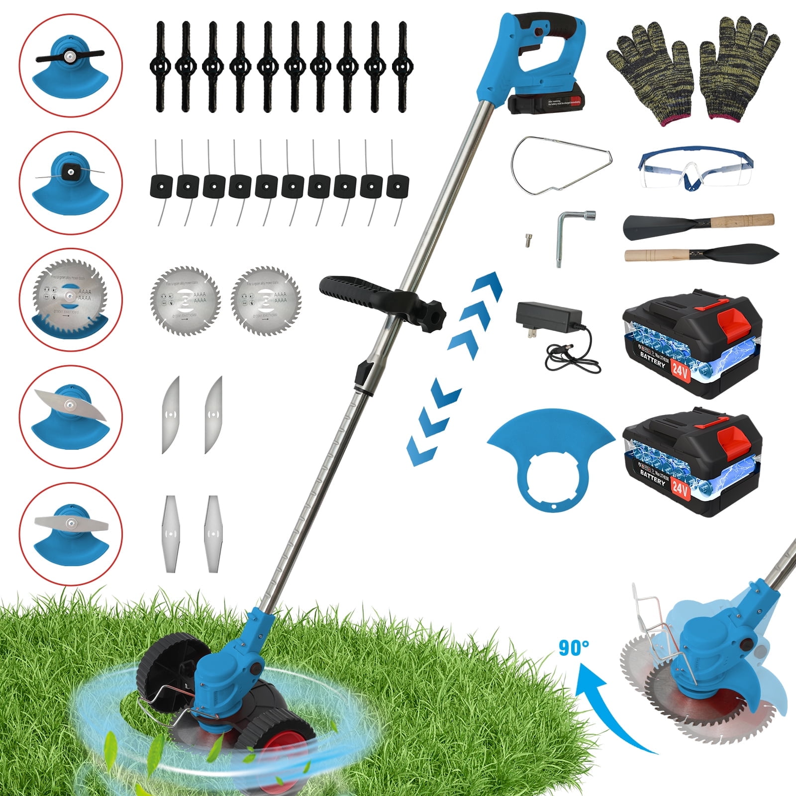 TopZoo Electric String Trimmer with Dual 24V Battery System and Adjustable Shaft (Blue, 35-47 in) 7gh10