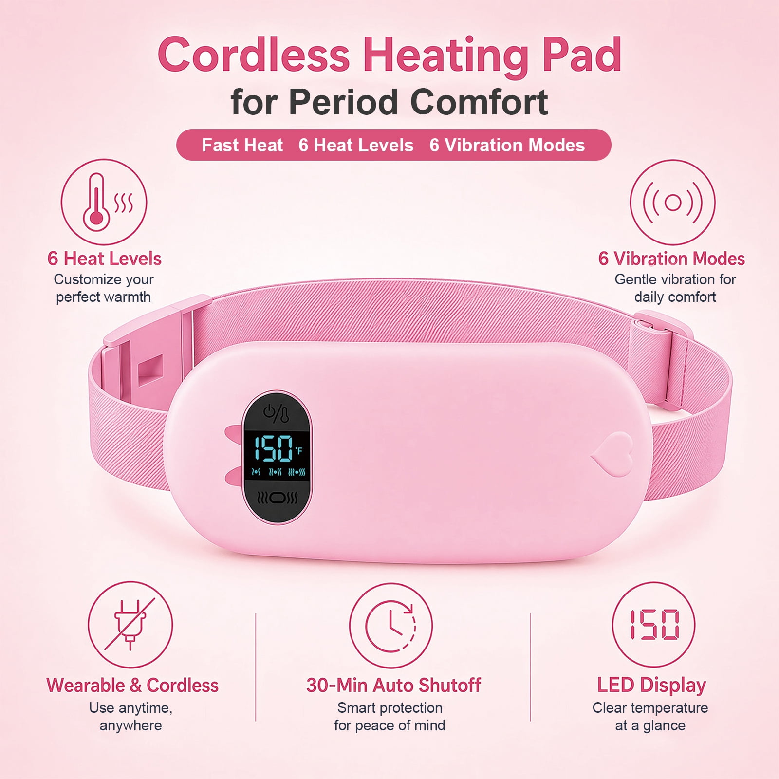 TeSabMi Cordless Heating Pad for Period Cramps, Portable Menstrual Belt with 6 Heat Levels & 6 Vibration Modes (Pink, 25.5 to 55 in) 4pgtx