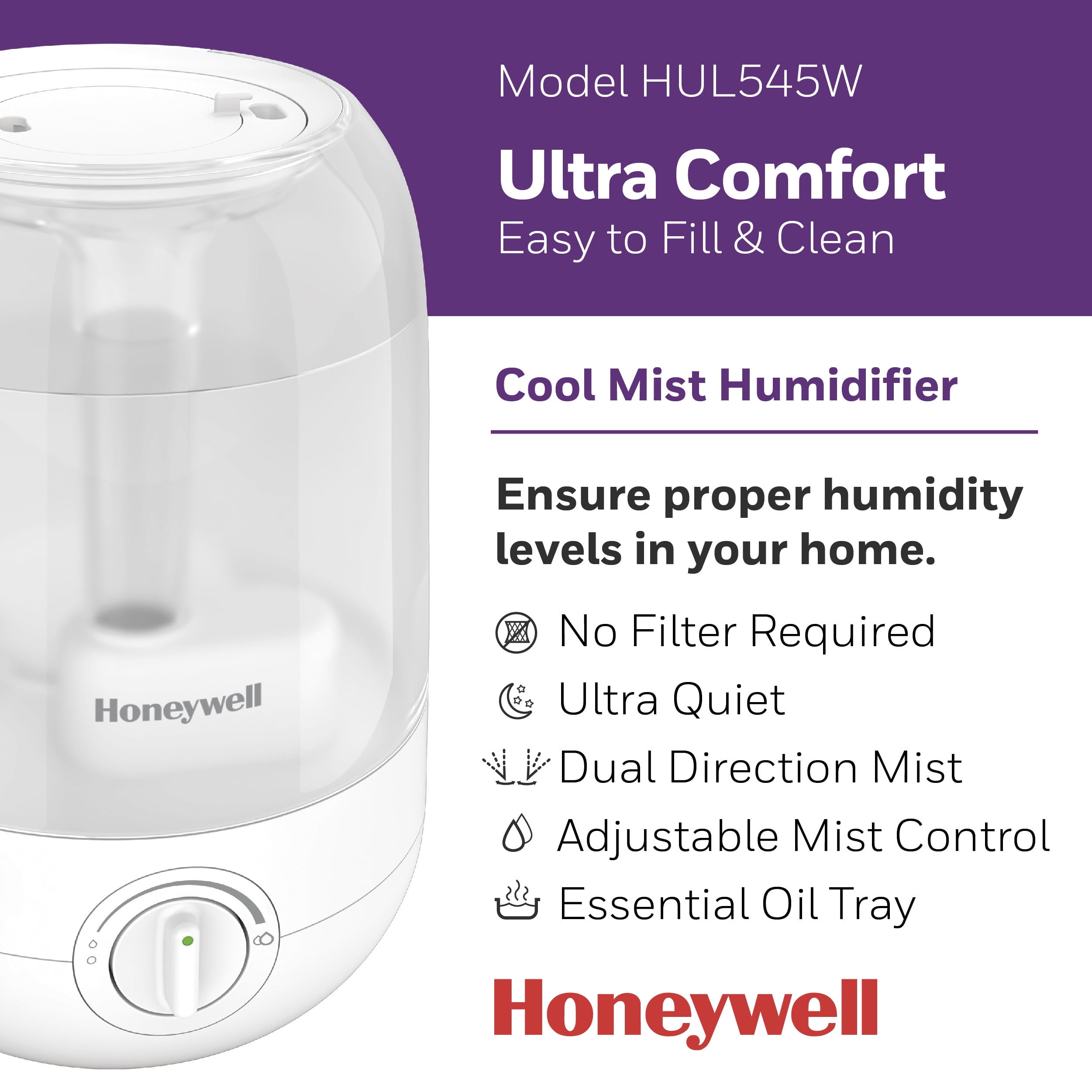 Honeywell Ultra Comfort Cool Mist Humidifier, Ultra-Quiet Operation with Essential Oil Tray (White, 1 gal) 4mzz4