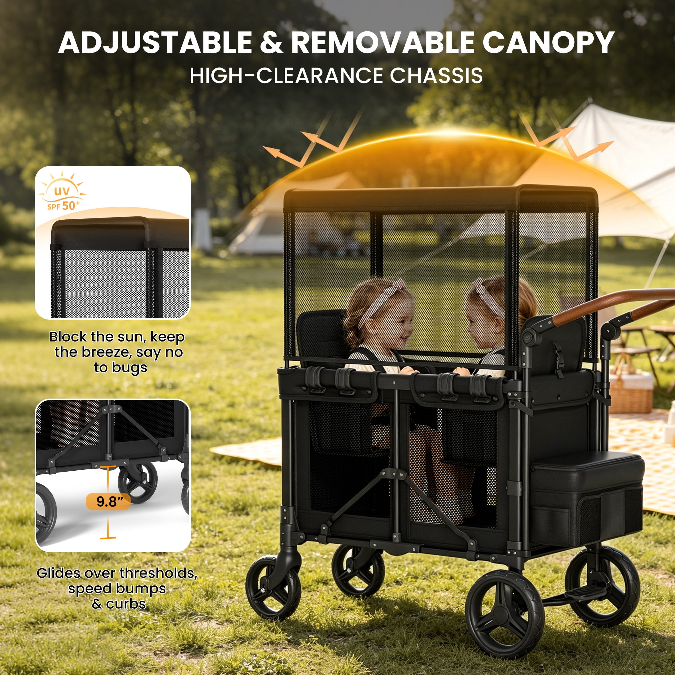 TouHeart 3-in-1 Foldable Wagon Stroller for 2 Kids with Canopy and 5-Point Harness (Black, 200 lb Capacity) te9ap