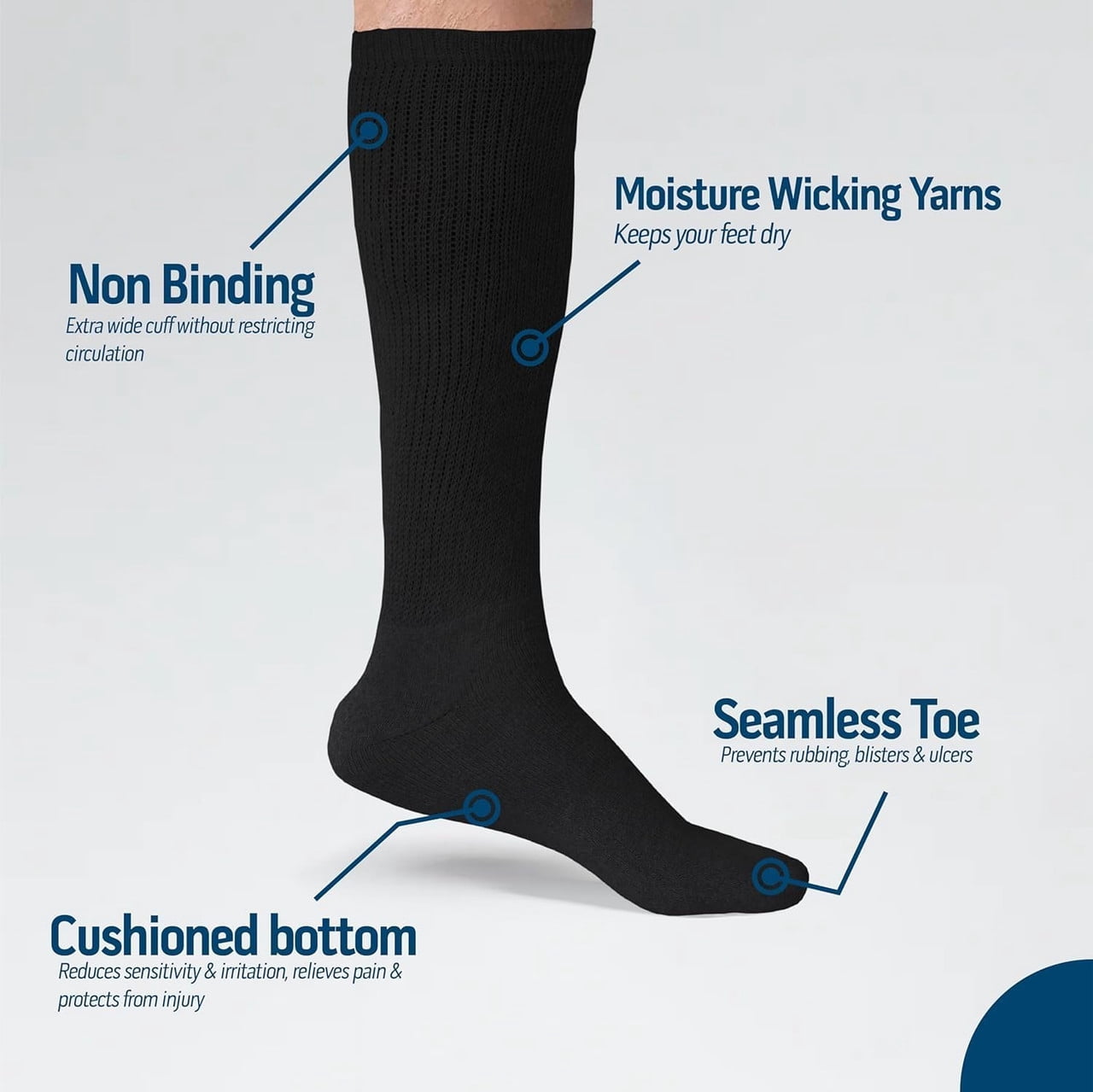 Diamond Star Men's Non-Binding Diabetic Knee High Socks, Cushioned Cotton Comfort (Black, 12 Pairs, Sock Size 9-11) x7osb
