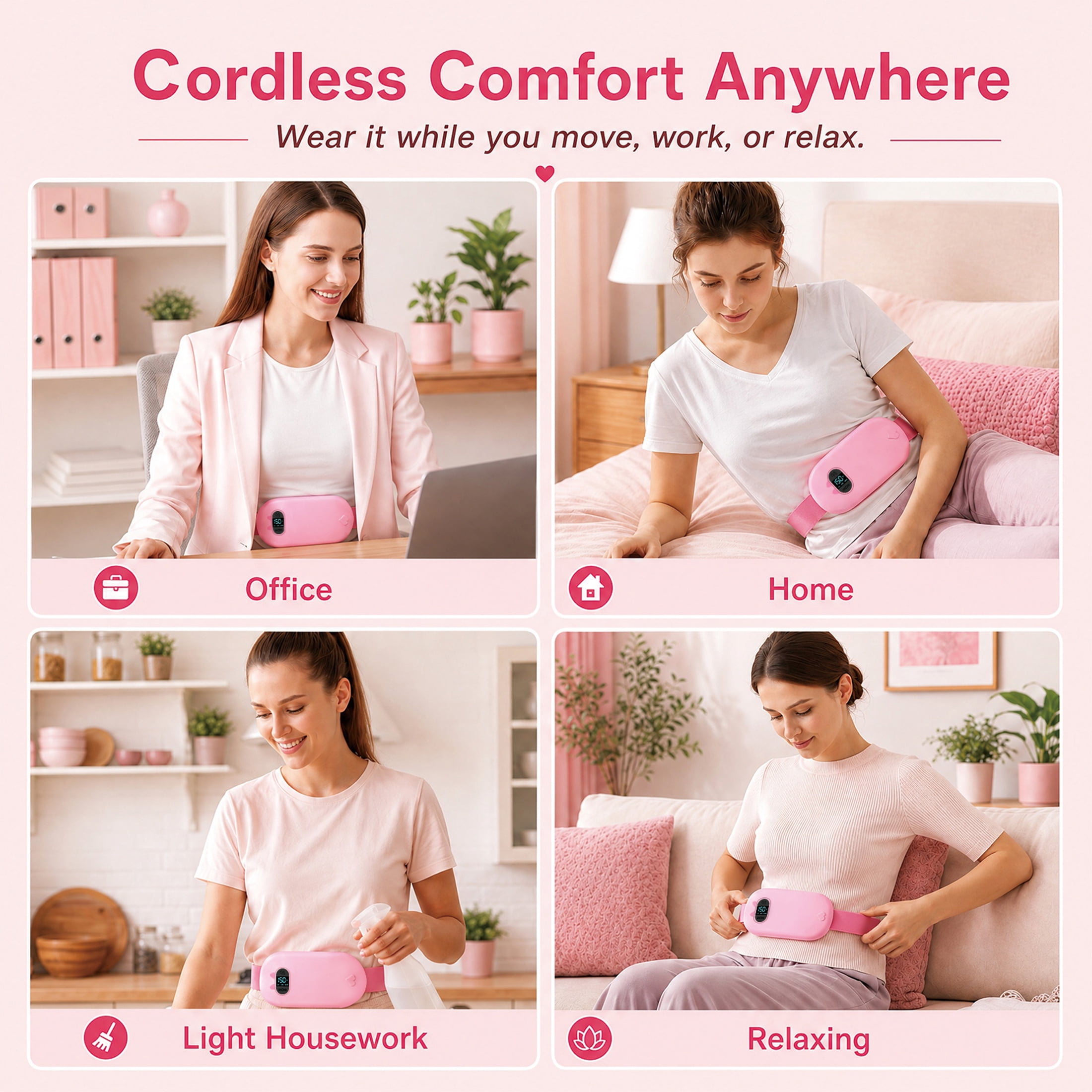 TeSabMi Cordless Heating Pad for Period Cramps, Portable Menstrual Belt with 6 Heat Levels & 6 Vibration Modes (Pink, 25.5 to 55 in) 4pgtx