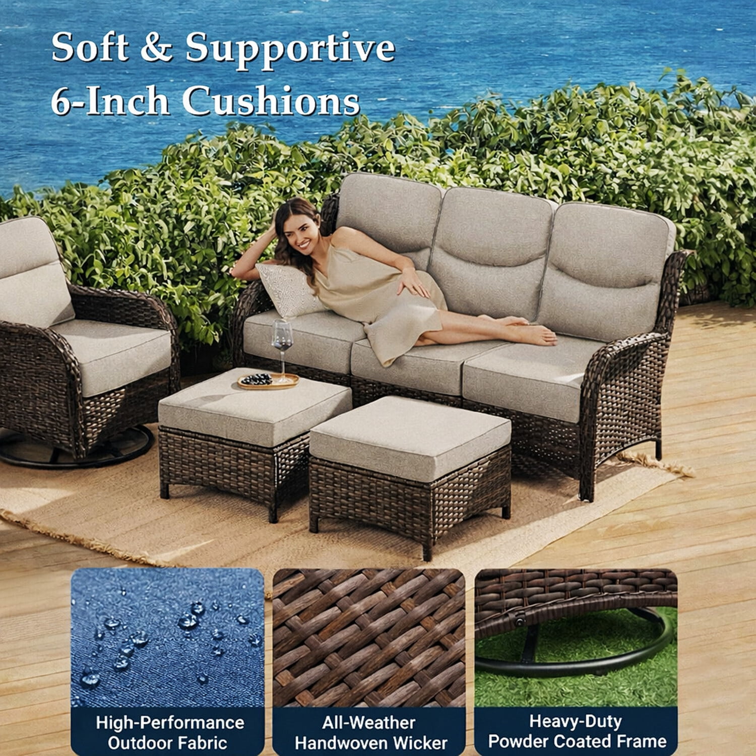 Bellefurn 7-Piece Patio Furniture Set with Fire Pit Table, Swivel Rockers, Sofa, and Ottomans (Brown, 7-Piece Set) hvj5c