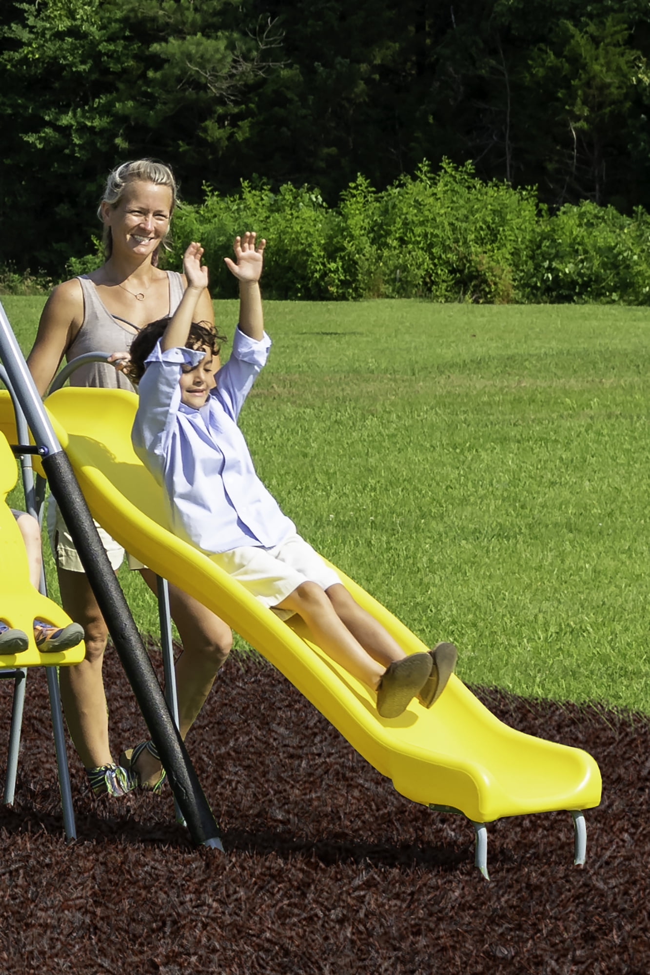 XDP Recreation Rising Sun Metal Swing Set with Slide, Seesaw, and Glider (Yellow, 10-Child Capacity) 1zow3