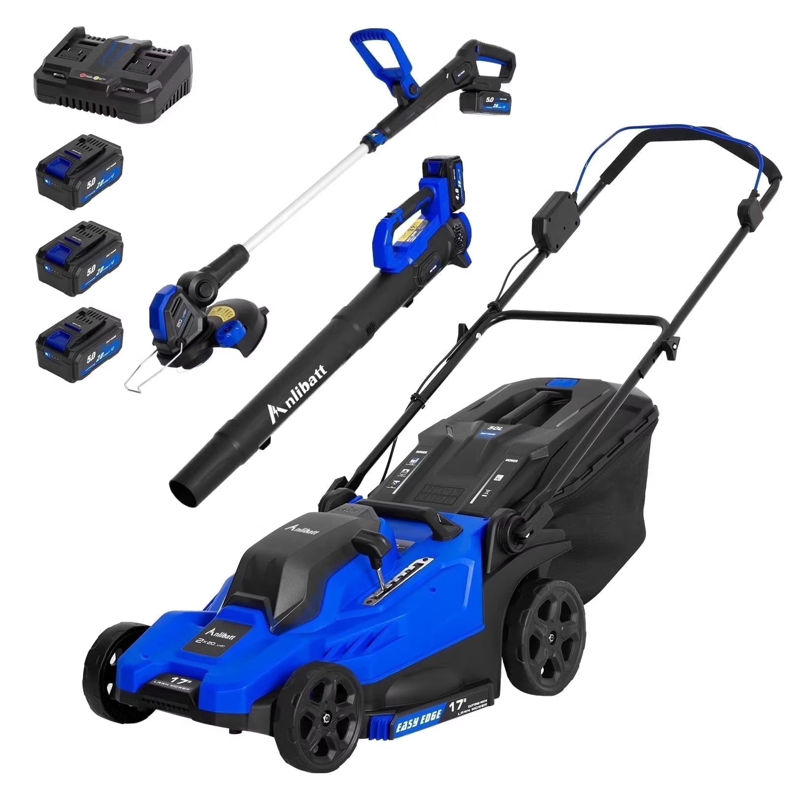 ANLIBATT 40V Cordless Lawn Mower Combo Set with Trimmer and Blower (Blue, 17 in) 61bbc