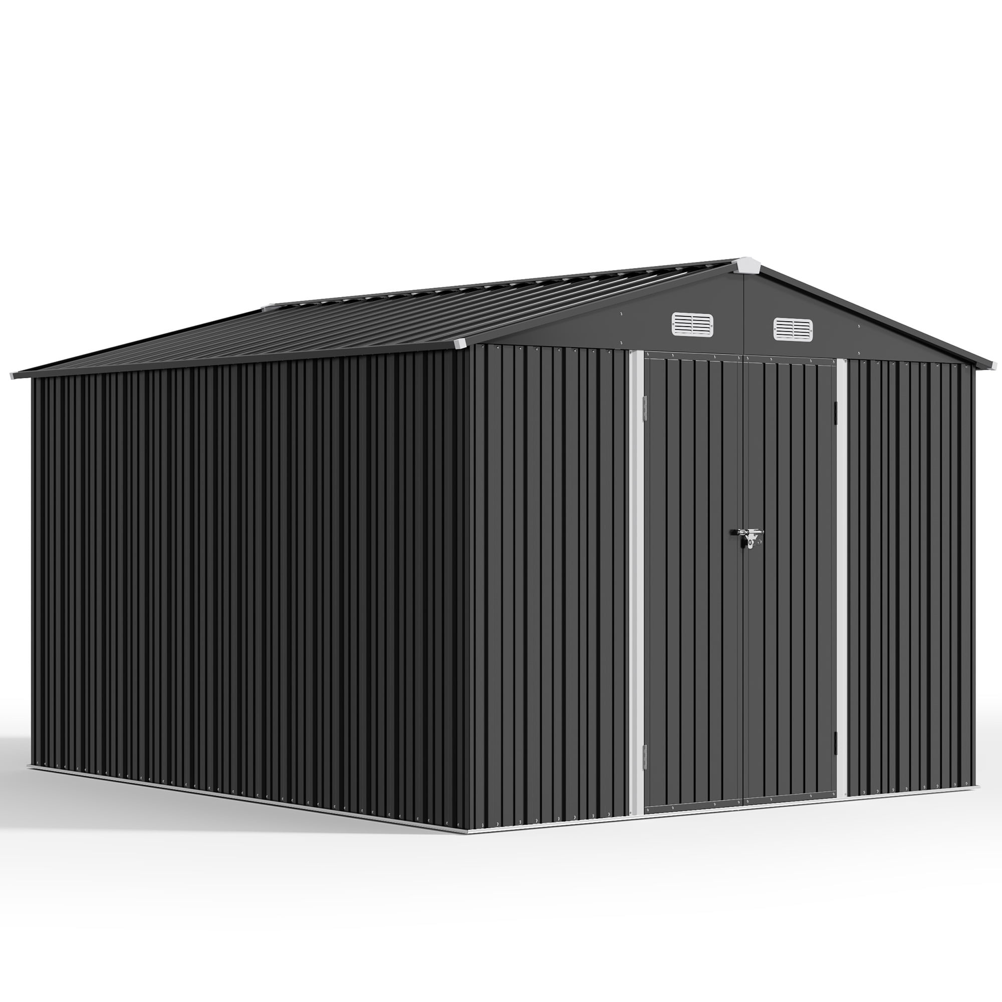 Lofka 10x10 ft Outdoor Storage Shed, Waterproof Galvanized Steel Garden Shed with Lockable Doors (Dark Gray) n2te0