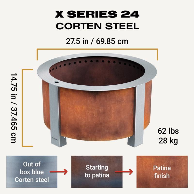 Breeo X Series 24 Smokeless Fire Pit, Heavy-Duty Corten Steel Outdoor Wood Burning Round Fire Pit (24 in. W x 14.75 in. H) w4jwp