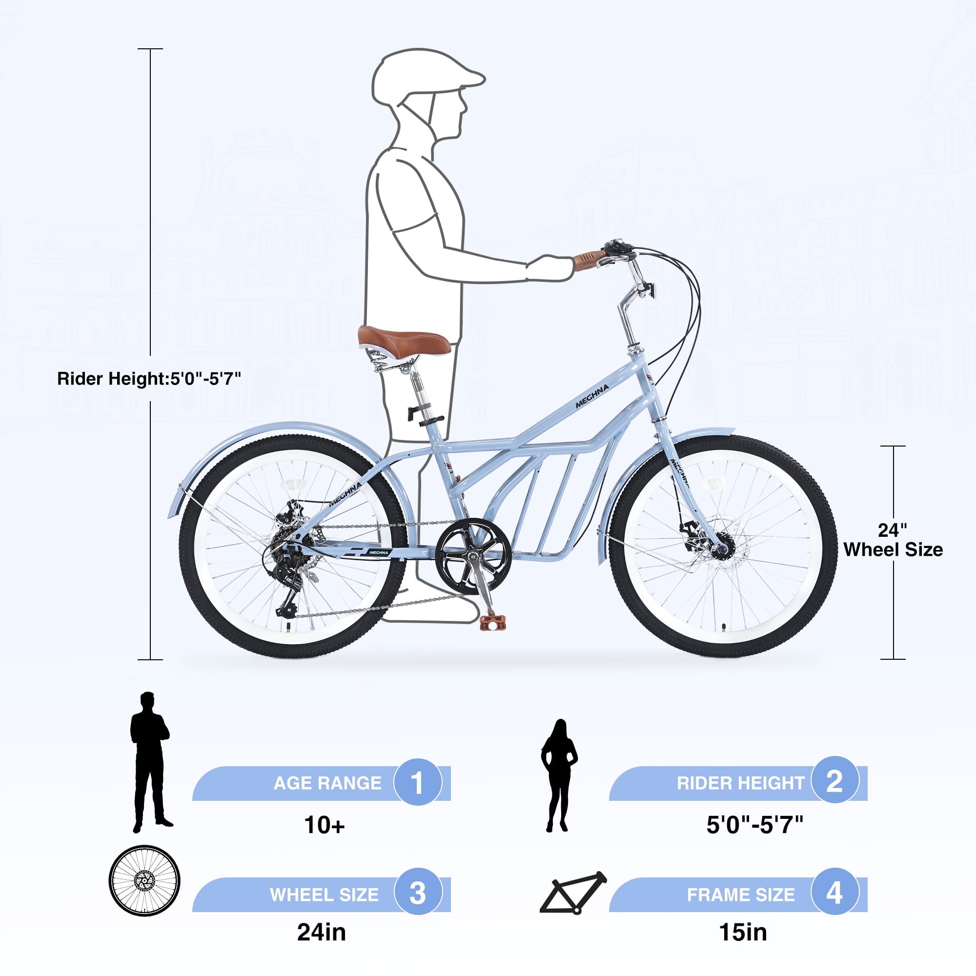 Juuar 24 in Beach Cruiser Bike, 6-Speed Adult City Bicycle with Disc Brakes and Cargo Rack (Blue, 24 in) p2vll