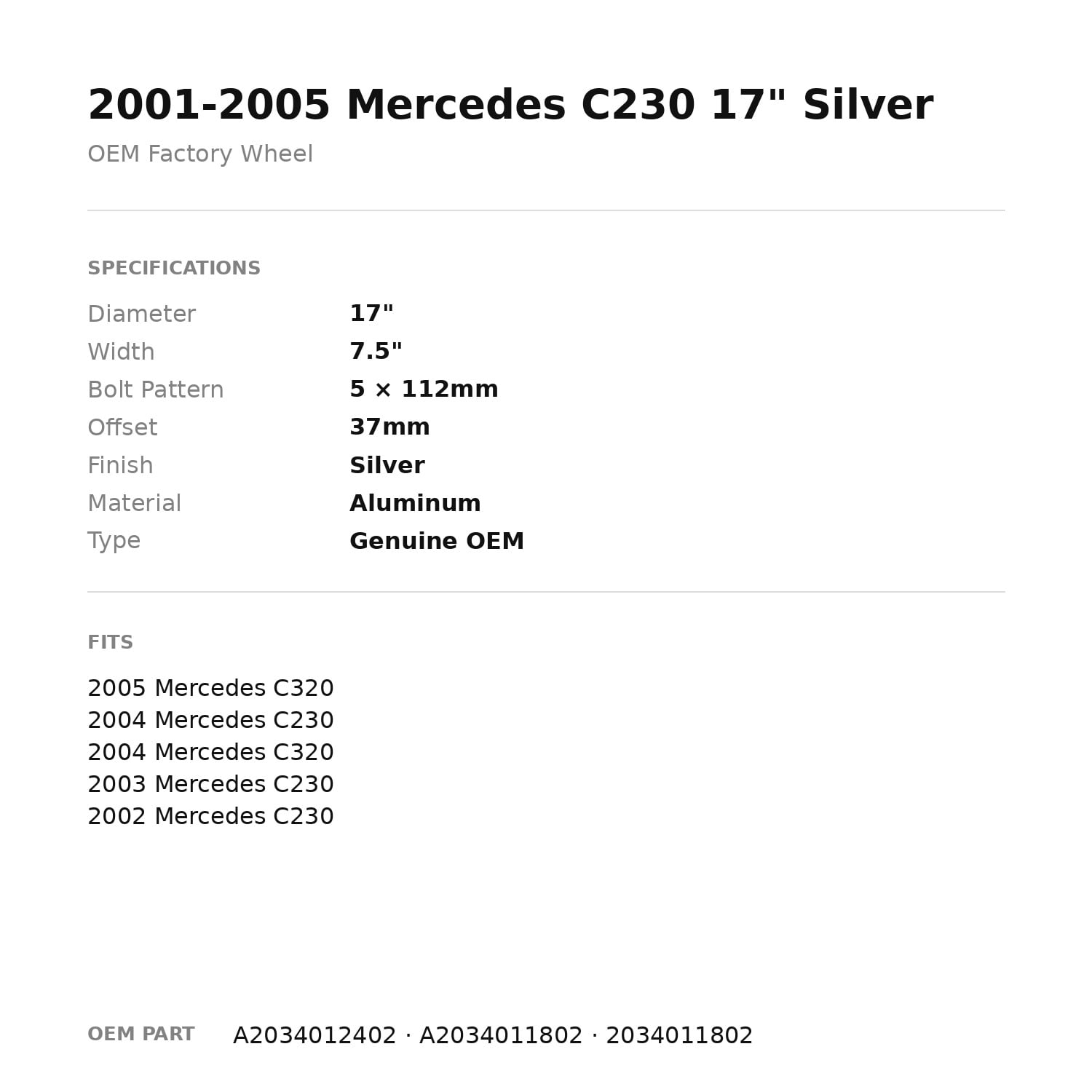Factory Wheel Warehouse Mercedes C230 OEM Factory Wheel Rim (Silver, 17 in) wivqx