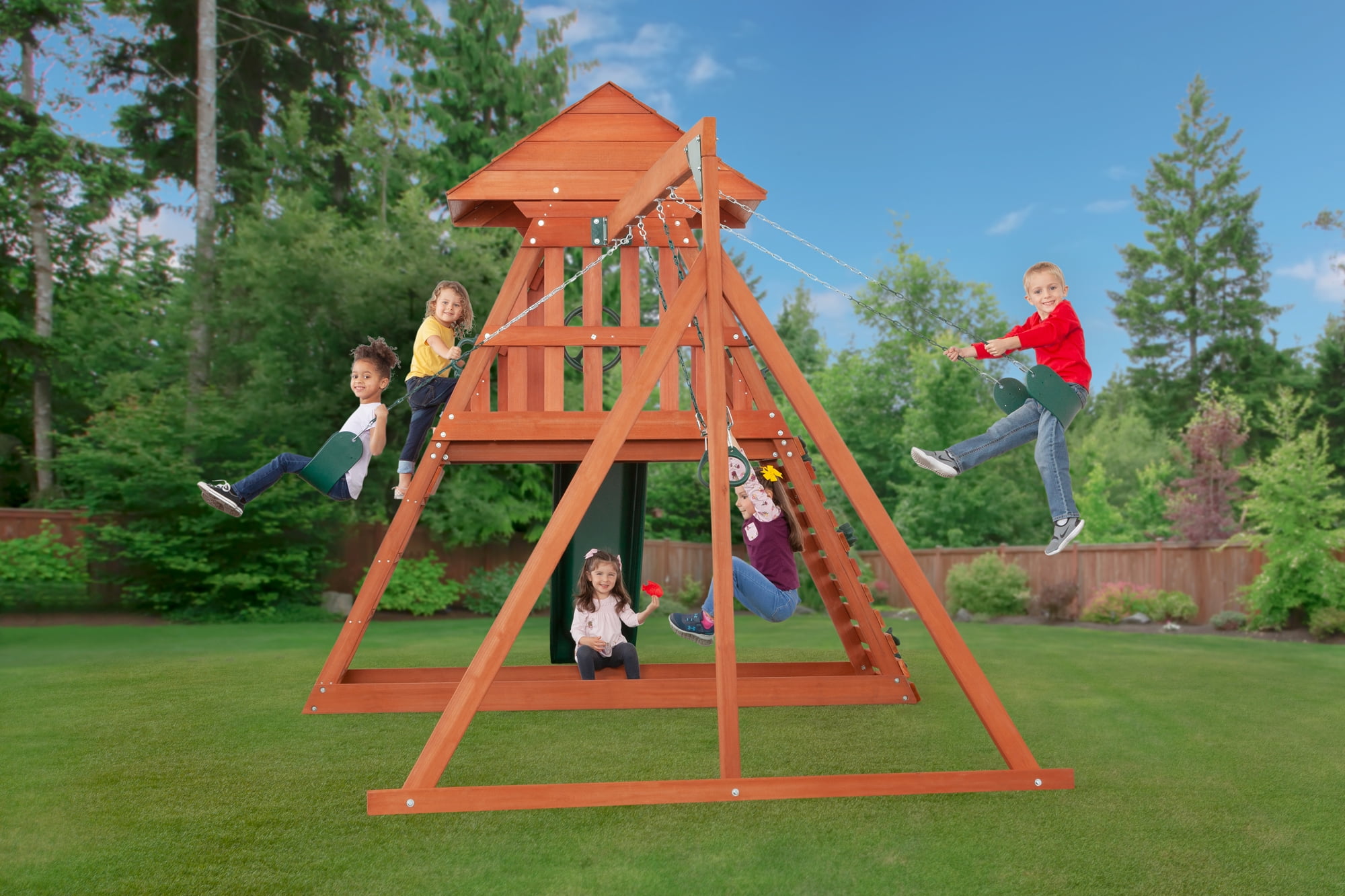 Creative Cedar Designs Cedar Chalet Wooden Swingset (Brown, Residential Outdoor Playset) 8zoi2
