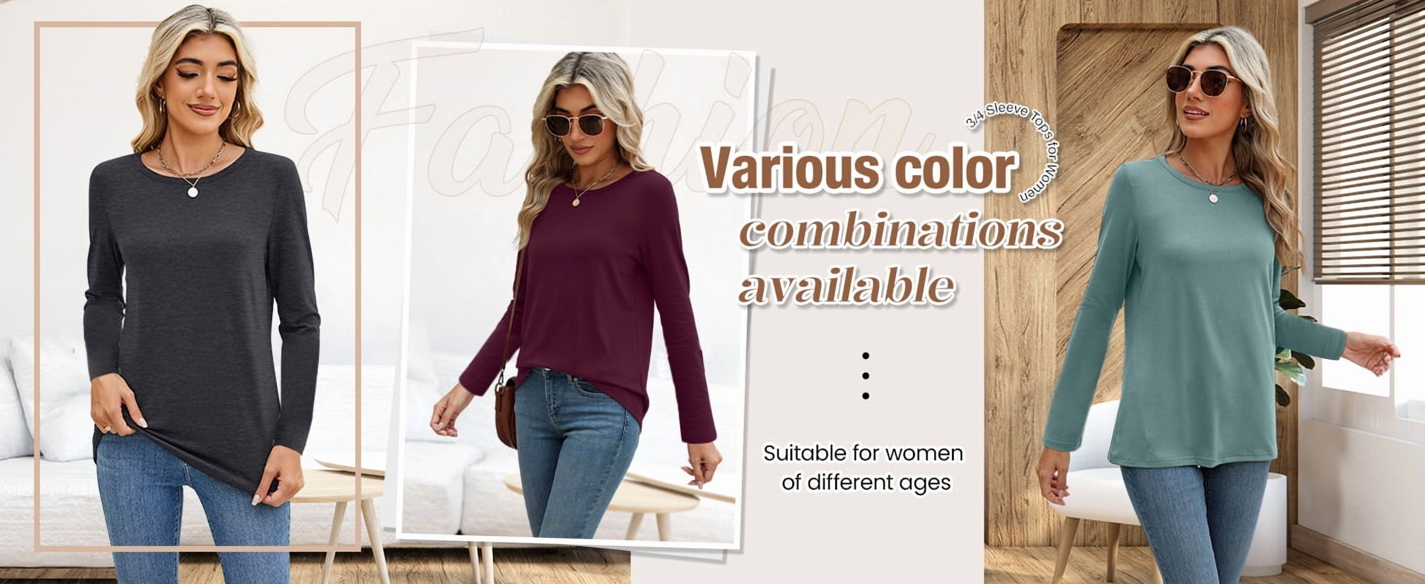 MOSHU Women's Long Sleeve Crew Neck T-Shirts Casual Loose Fit Fall Tops (Black, L, 3-Pack) 6y0vm
