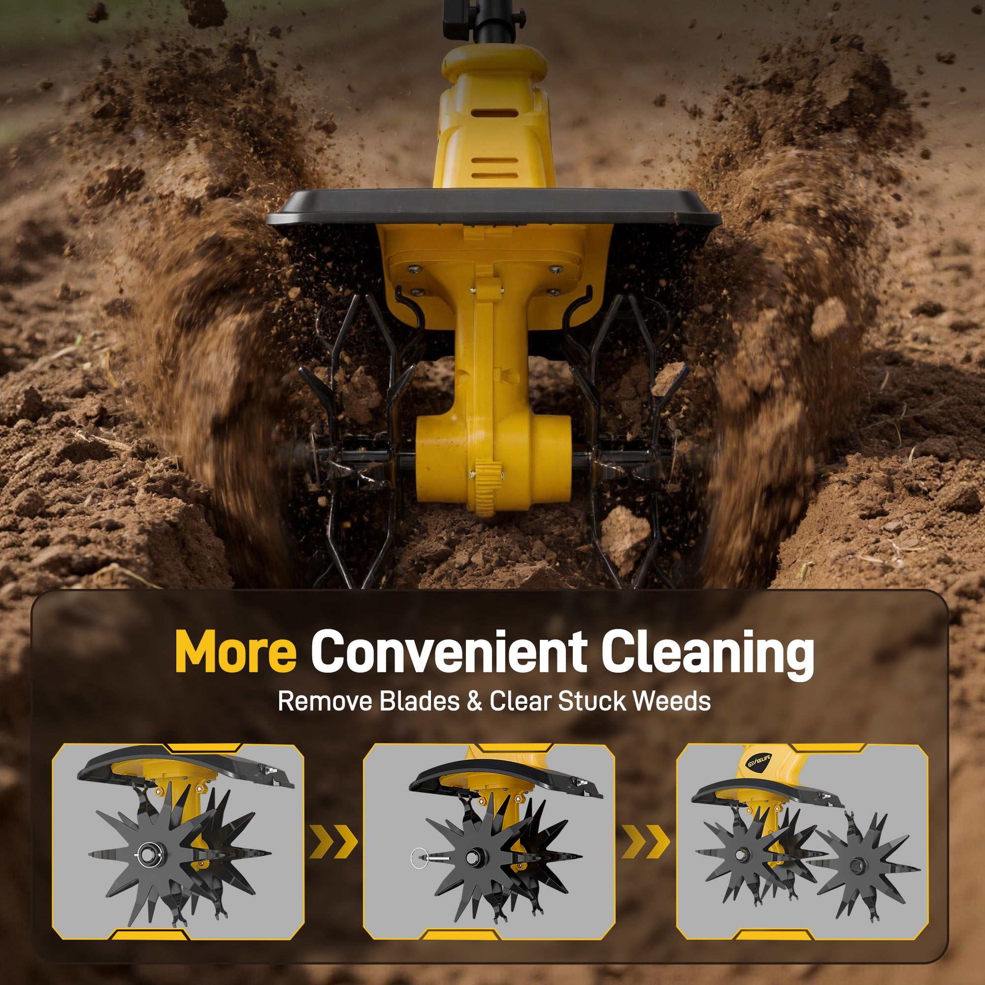 GEVEELIFE 20V Cordless Tiller Cultivator, Brushless Motor with Dual 4.0Ah Batteries (12 in Width, 8 in Depth) qx4j6