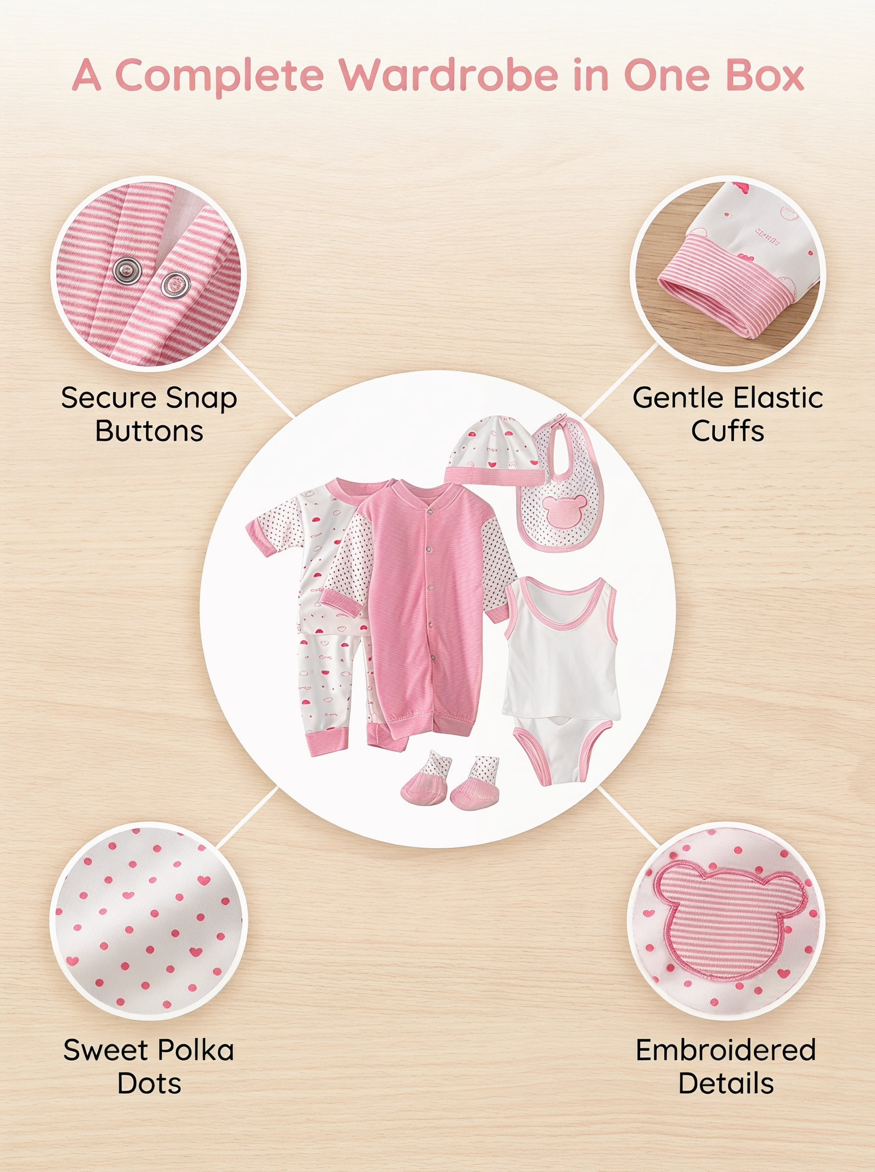 Odeerbi Newborn Baby Layette Set 8-Piece Cotton Outfit with Romper and Accessories (Pink, 0-3 Months) 71kcr