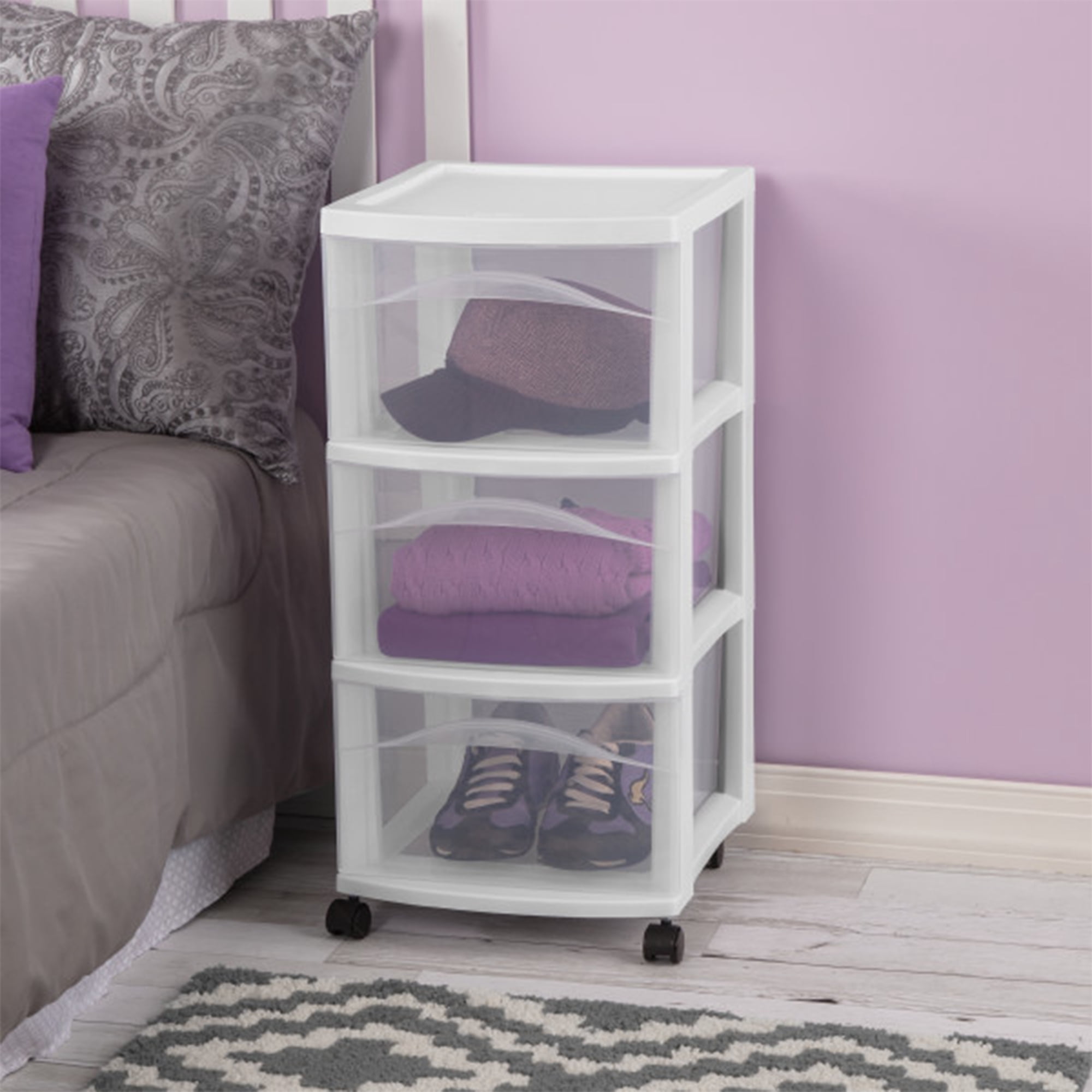 Sterilite 3 Drawer Rolling Storage Cart, Plastic Home Organizer with Smooth-Glide Casters (White, 2 Pack, 14.625 in x 12.625 in x 24.5 in) wl53a