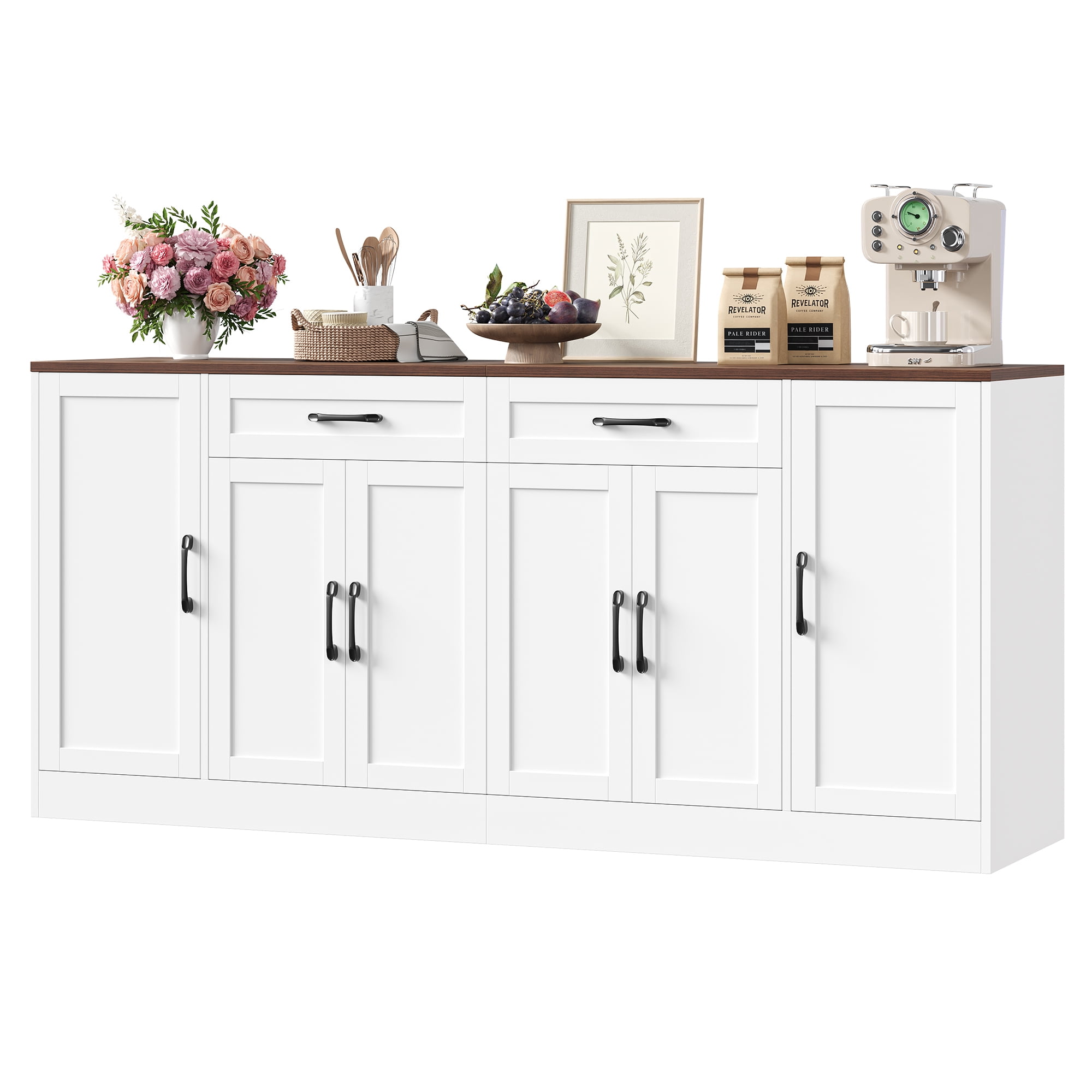 Hiphuta Modern Farmhouse Buffet Cabinet, Sideboard with 6 Doors and 2 Drawers for Kitchen and Dining Room (White, 70.87 in W x 15.75 in D x 34.25 in H) j9ays