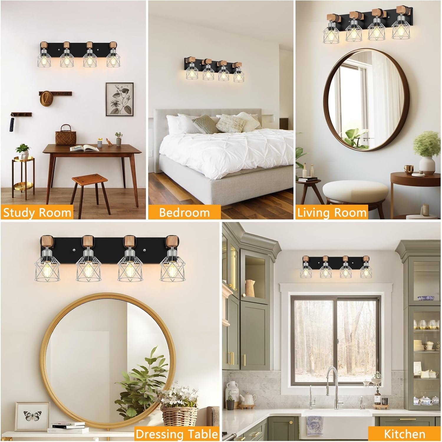 Licperron 4-Light Farmhouse Vanity Lighting, Rustic Wood and Metal Cage Wall Sconce (Black, 25.6 in) 4tl37