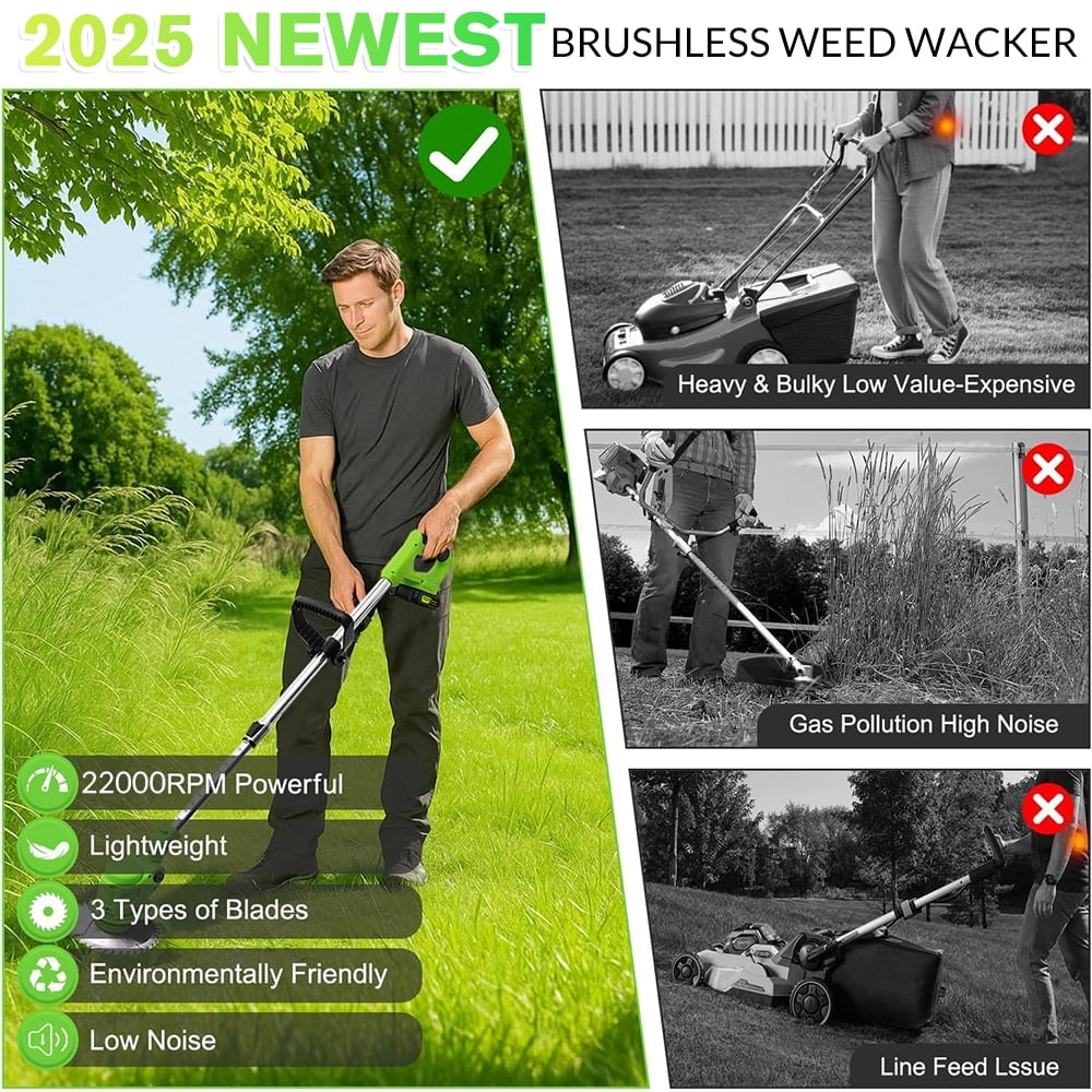 MDHAND 21V Cordless Electric Grass Trimmer, Lightweight Weed Eater with 3 Blades, Adjustable Shaft (Green, 3.28 lb) 0gmie