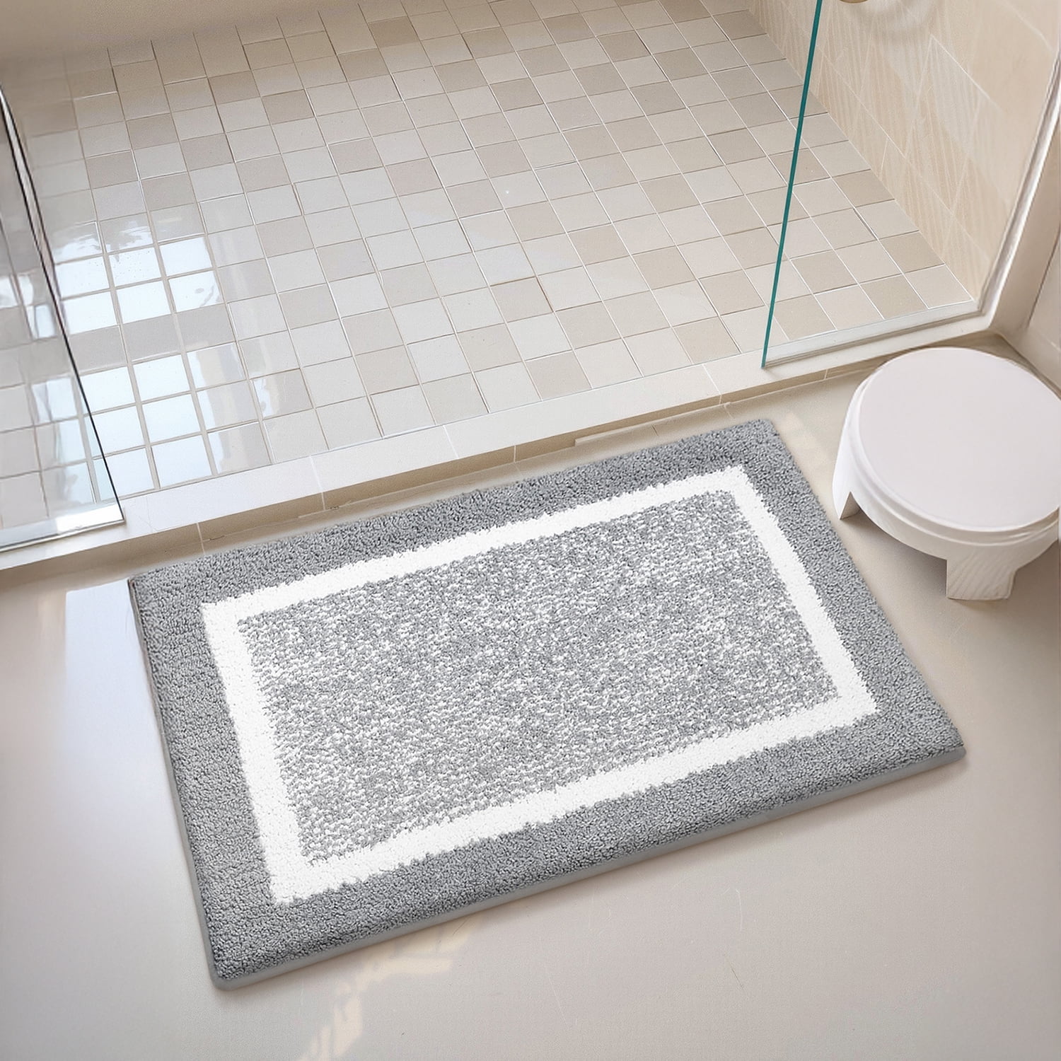 PABUBE Microfiber Shag Bathroom Rug, Non-Slip Absorbent Bath Mat for Shower and Tub (Grey and White, 16 in x 24 in) ya2x8