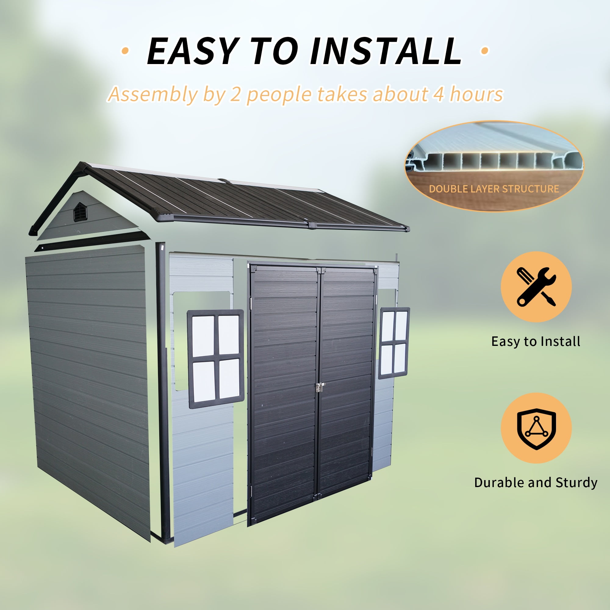 DELICOZE Outdoor Resin Garden Tool Shed with Floor, 2 Windows, and Lockable Door (8 ft x 6 ft) kfcda