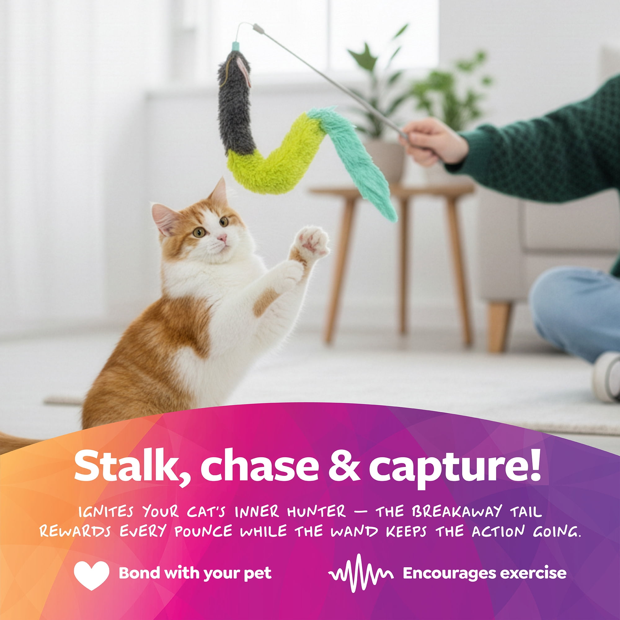 SmartyKat Crazy Catch Interactive Wand Cat Toy with Breakaway Plush Tails (Gray/Blue, 30 in) lygt2
