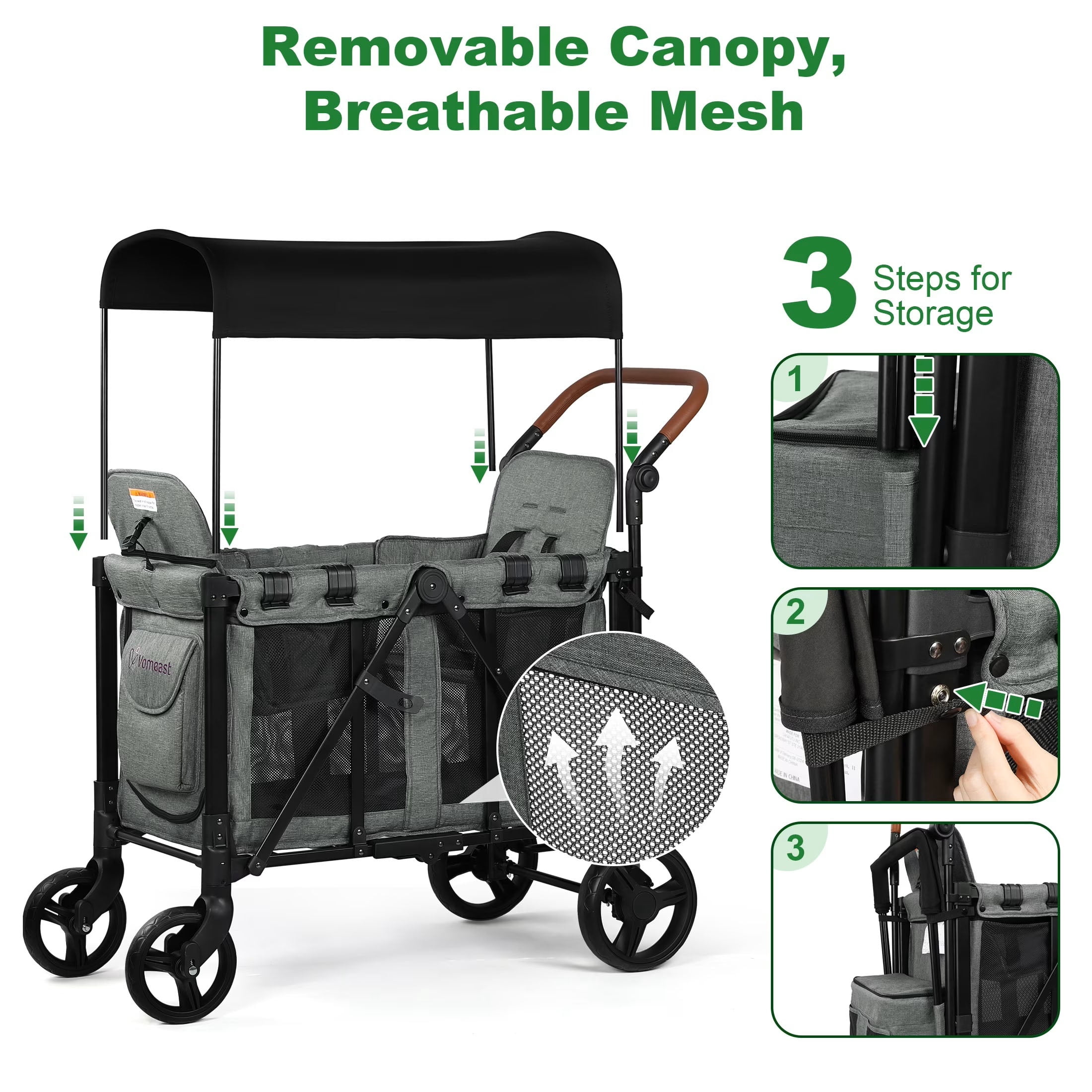 Vomeast 3-in-1 Wagon Stroller for 2 Kids, Outdoor Baby Stroller with Canopy and 5-Point Harness (Grey, 200 lb Capacity) 3b7gc