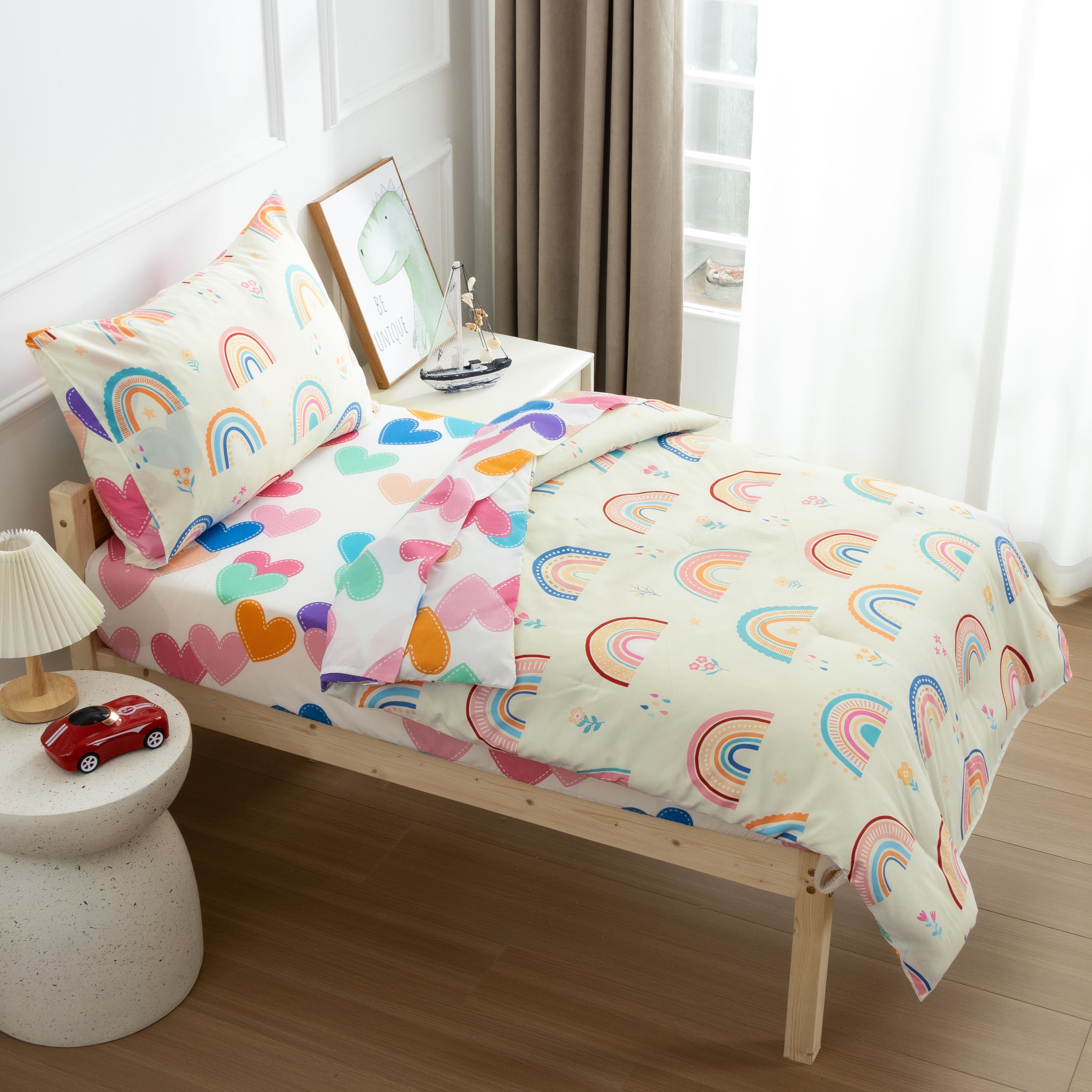 Btargot 4pc Rainbow Toddler Bedding Set, Soft Brushed Microfiber Comforter and Sheet Set (Multi-Color, Toddler Size) hp5qm