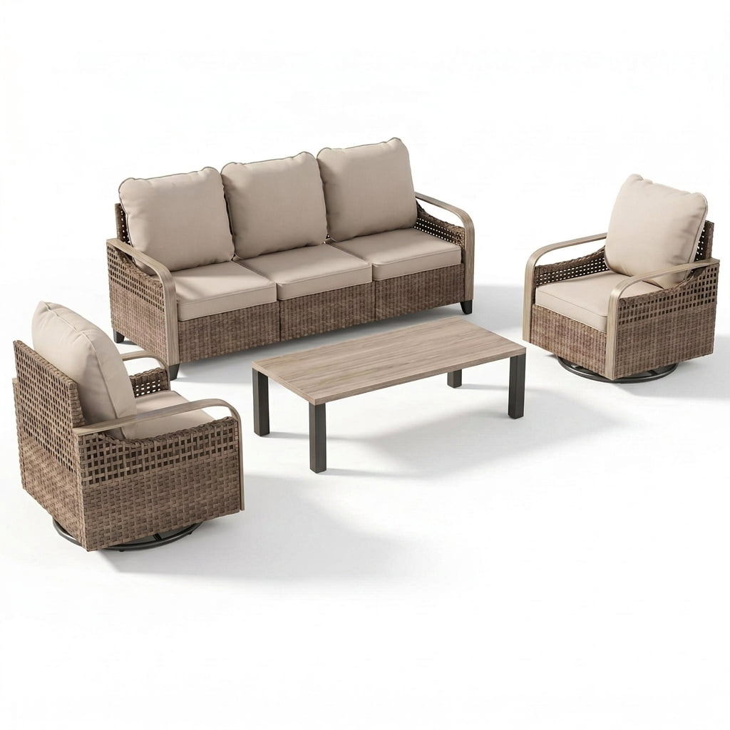 Poteban Outdoor Patio Wicker Furniture Set (Beige, 6-Piece Set) 255q0