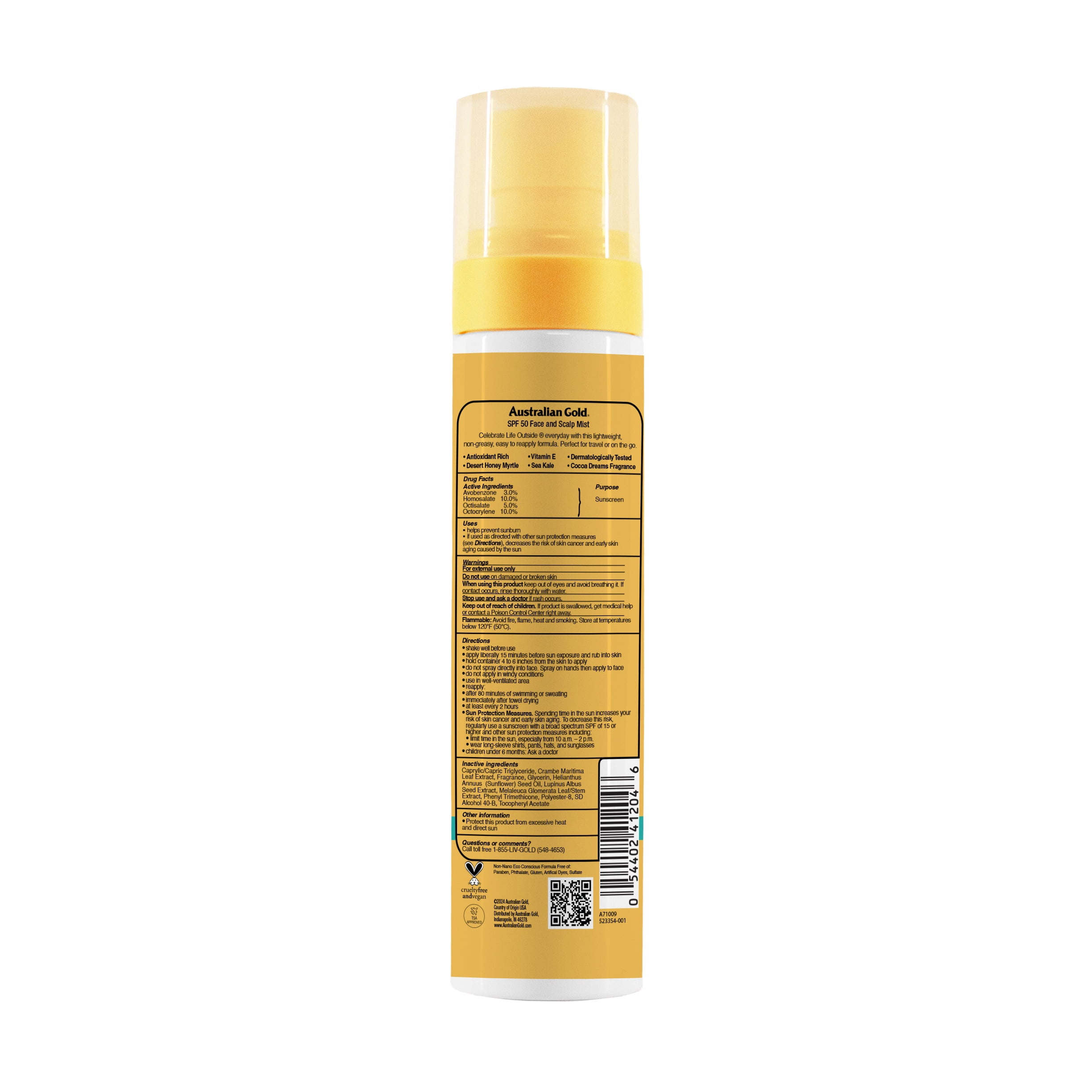 Australian Gold Face and Scalp Sunscreen Mist, Broad Spectrum SPF 50, Lightweight & Non-Greasy (Gold, 3.4 fl oz) xbntl