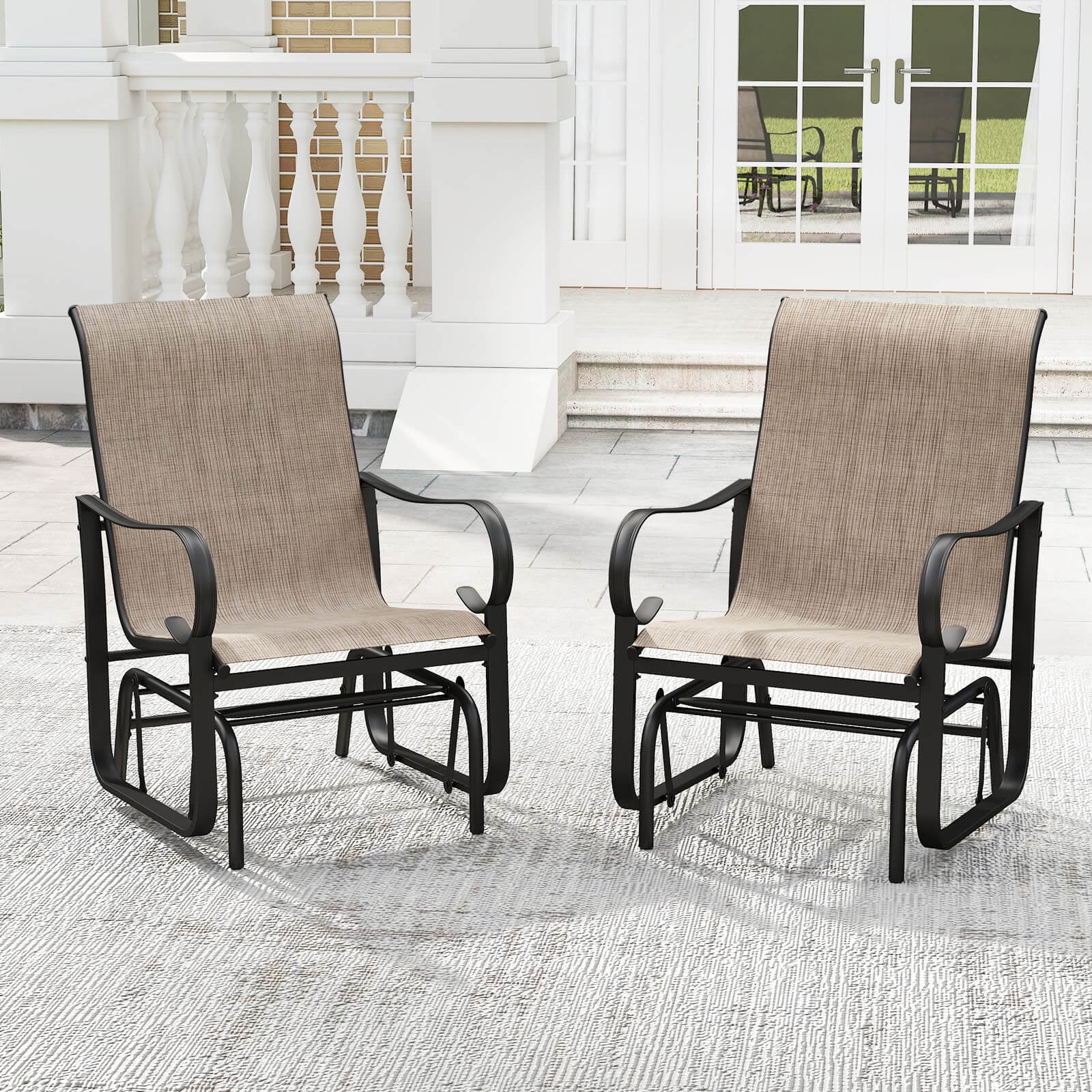 Costway Outdoor Glider Chairs Set of 2, Patio Rocking Chairs with High Backrest and Metal Frame (Brown, 2-Pack) z9uwx