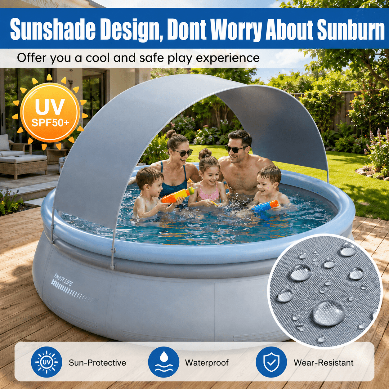 BravSco Inflatable Swimming Pool with Canopy (Blue, 12 ft x 30 in) e495g - Image 2