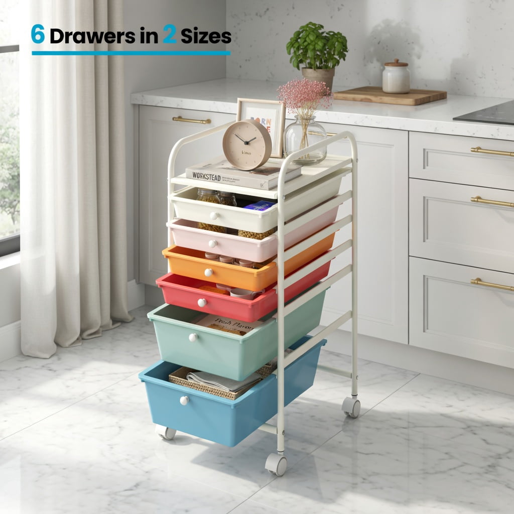 Spaco 6-Drawer Rolling Storage Cart Organizer, Multipurpose Mobile Craft Organizer for Home and Office (Blue) 88prd