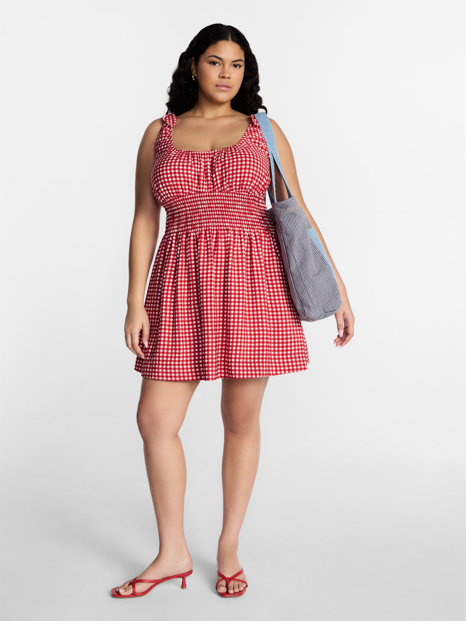Kacey Lee Women's Smocked Mini Dress Gingham Pattern Sleeveless (Red, XS) 2ujj1