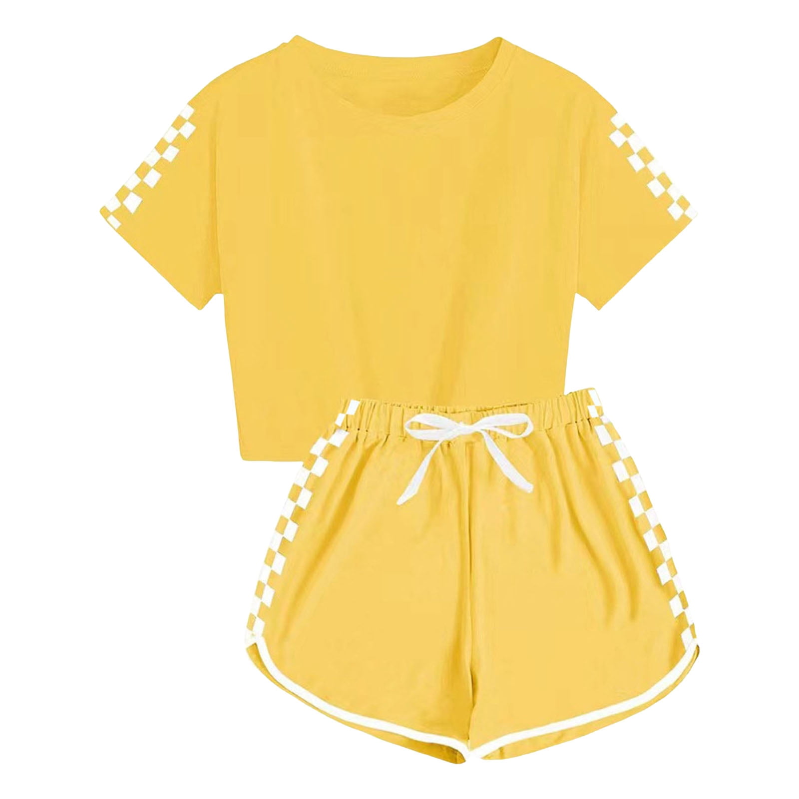 KPOPLK Girls 2-Piece Summer Outfit Set Crew Neck Short Sleeve Top and Skirt (Yellow, 7-8 Years) 1rd7f