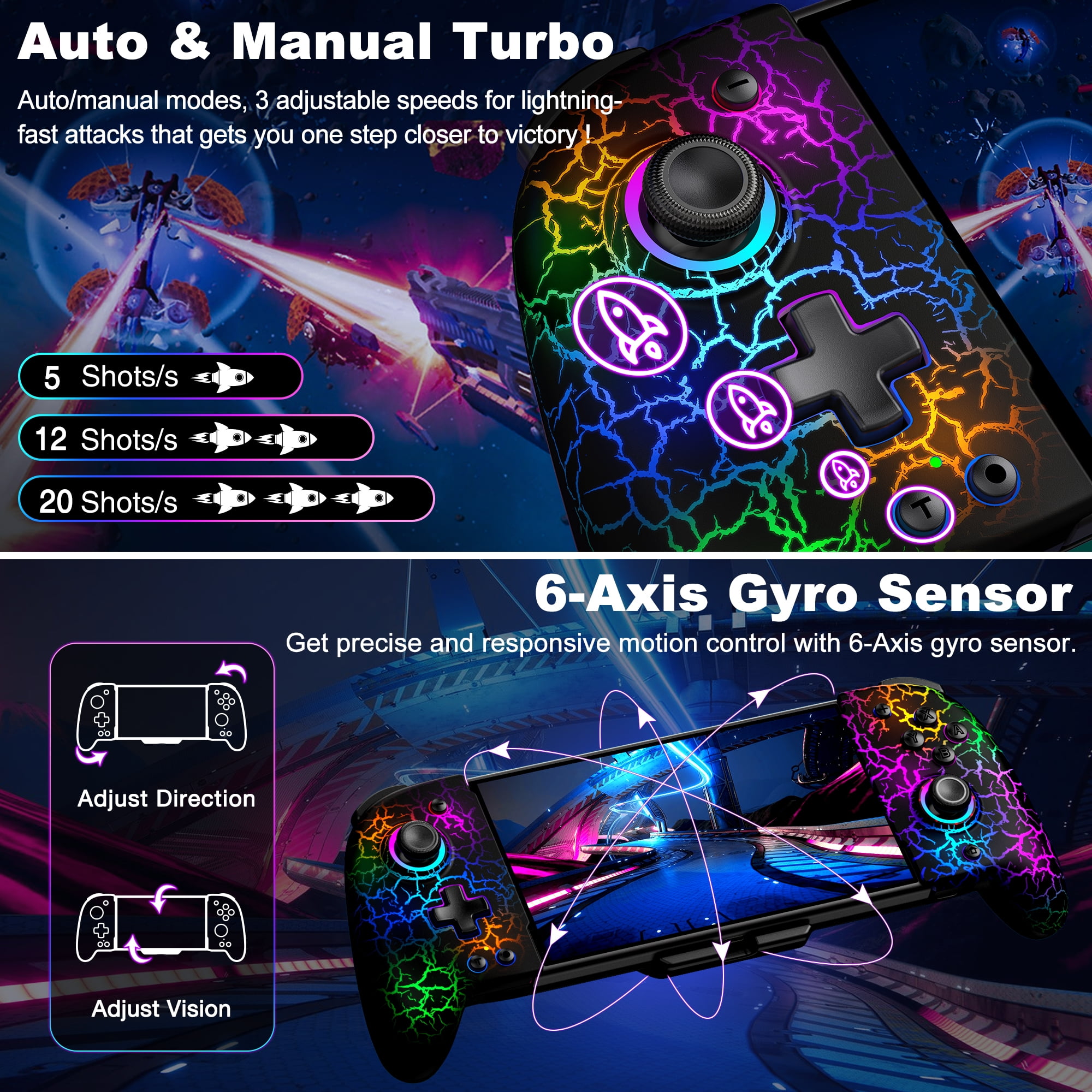 Beboncool Wireless Switch Controller Grip Set with Hall Effect Joysticks and RGB Lighting (Black, 2-Pack) a0g7z