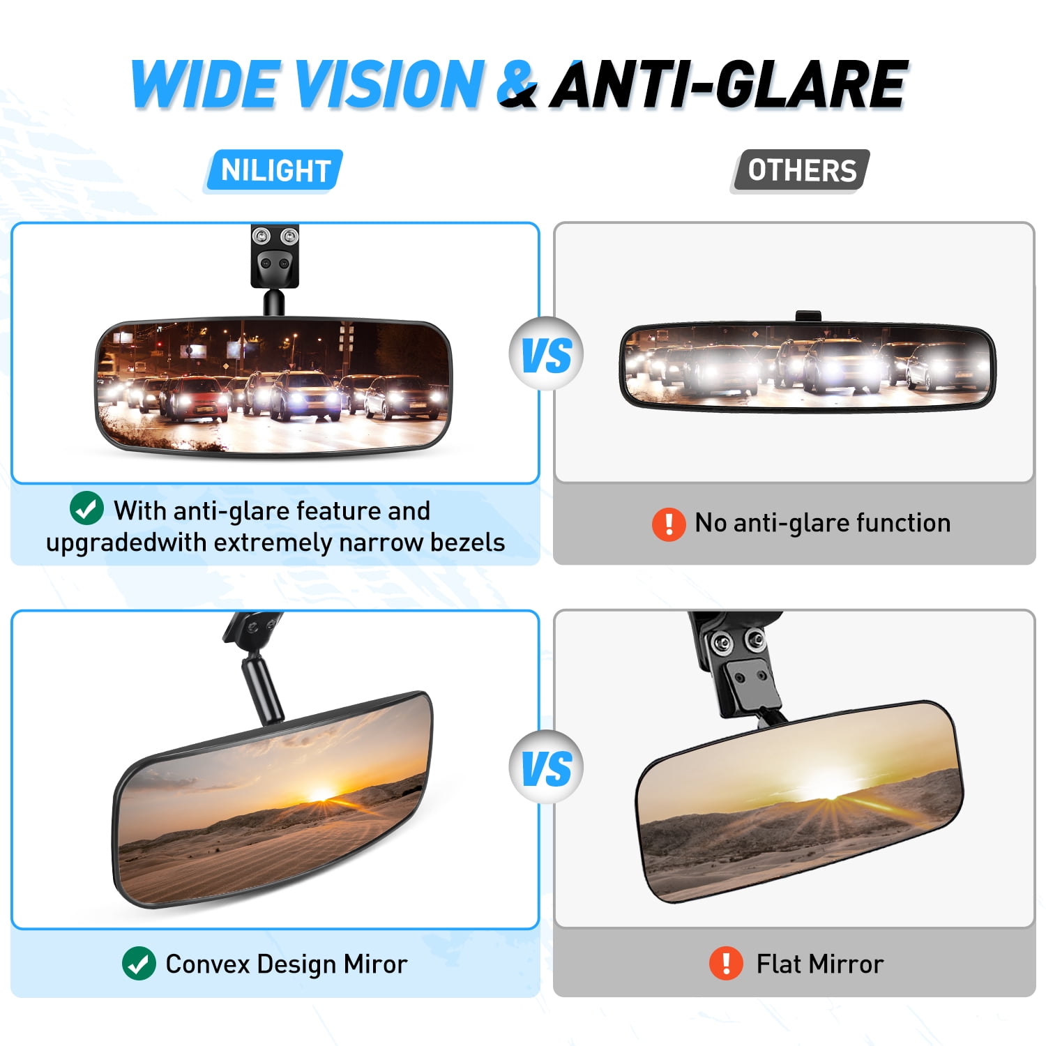 Nilight UTV Rear View Mirror 12 in Wide Convex Center Mirror with Adjustable 1.75 in to 2 in Clamps (Clear, 12 in) 3l24p