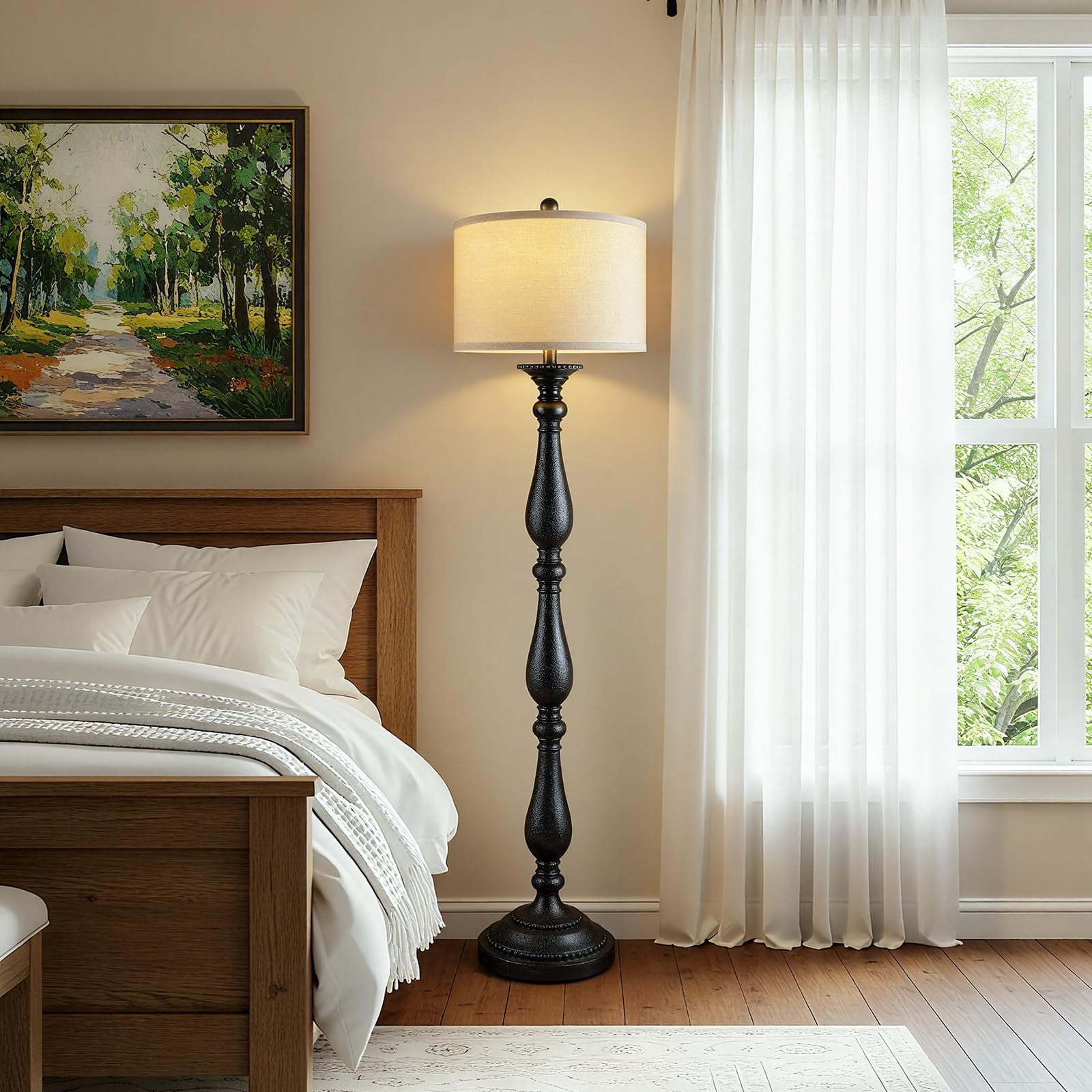 Lumina Decor Vintage Floor Lamp Rustic Farmhouse Standing Light with Linen Shade (Black, 60 in) uay29