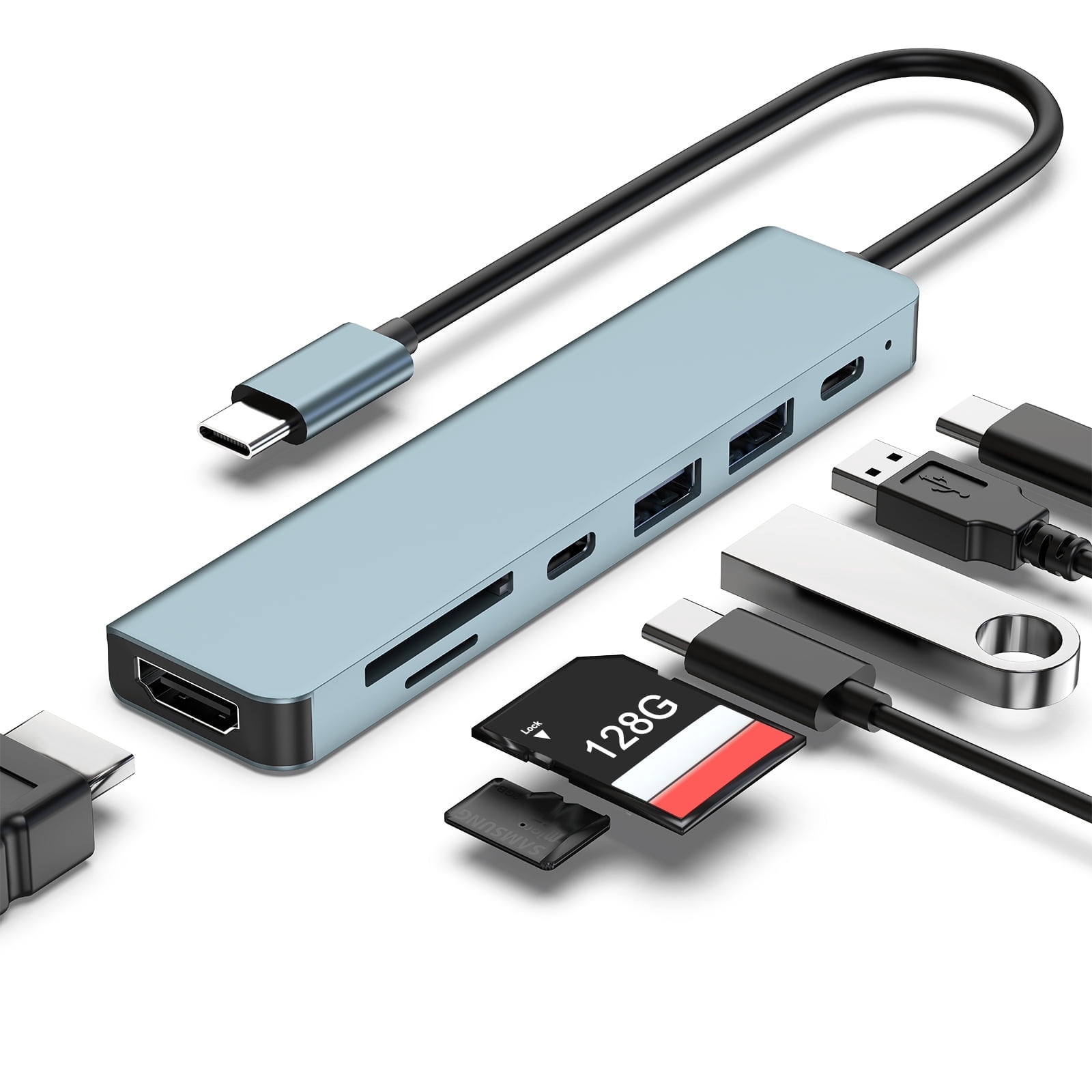 JcBlaon 7-in-1 USB-C Hub Adapter for MacBook with 4K HDTV, 100W PD Charging, USB 3.0 Ports, SD/TF Card Reader & 3.5mm Audio (Space Gray) nt5hn