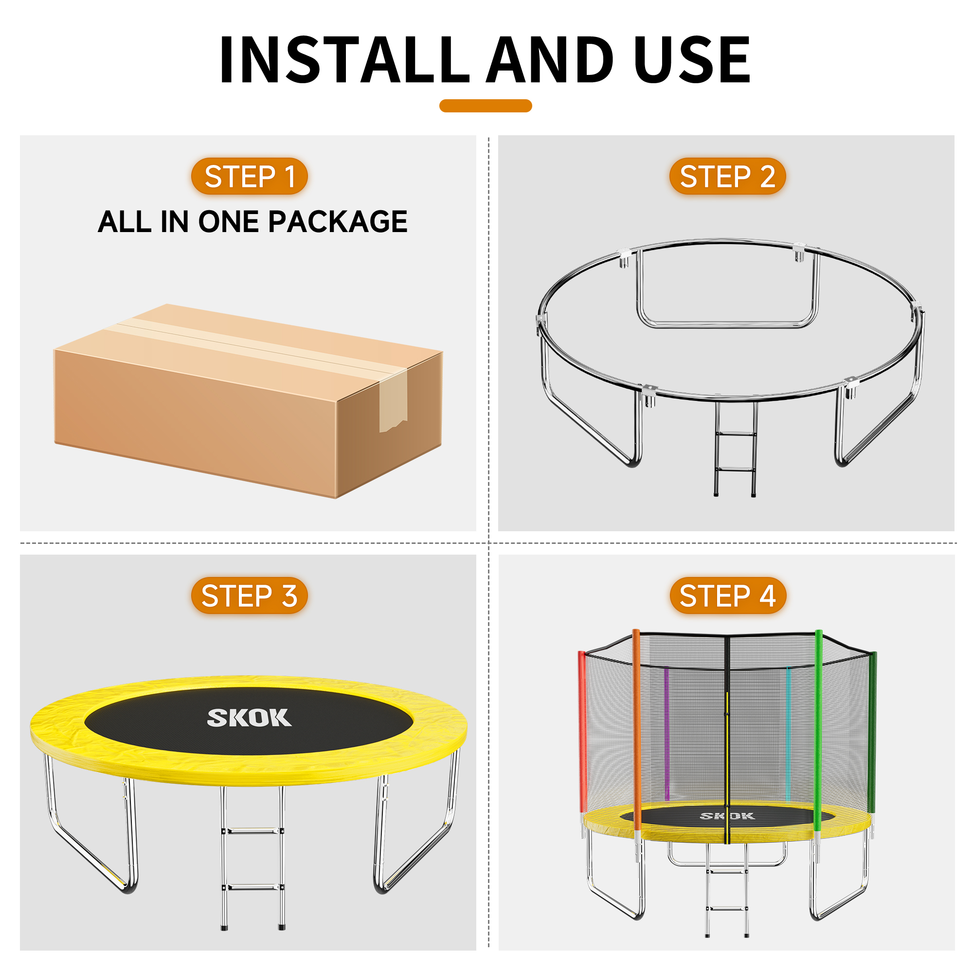 SKOK 8ft Backyard Trampoline with Safety Enclosure Net and Ladder (Colorful, 400 lb Capacity) bmf70