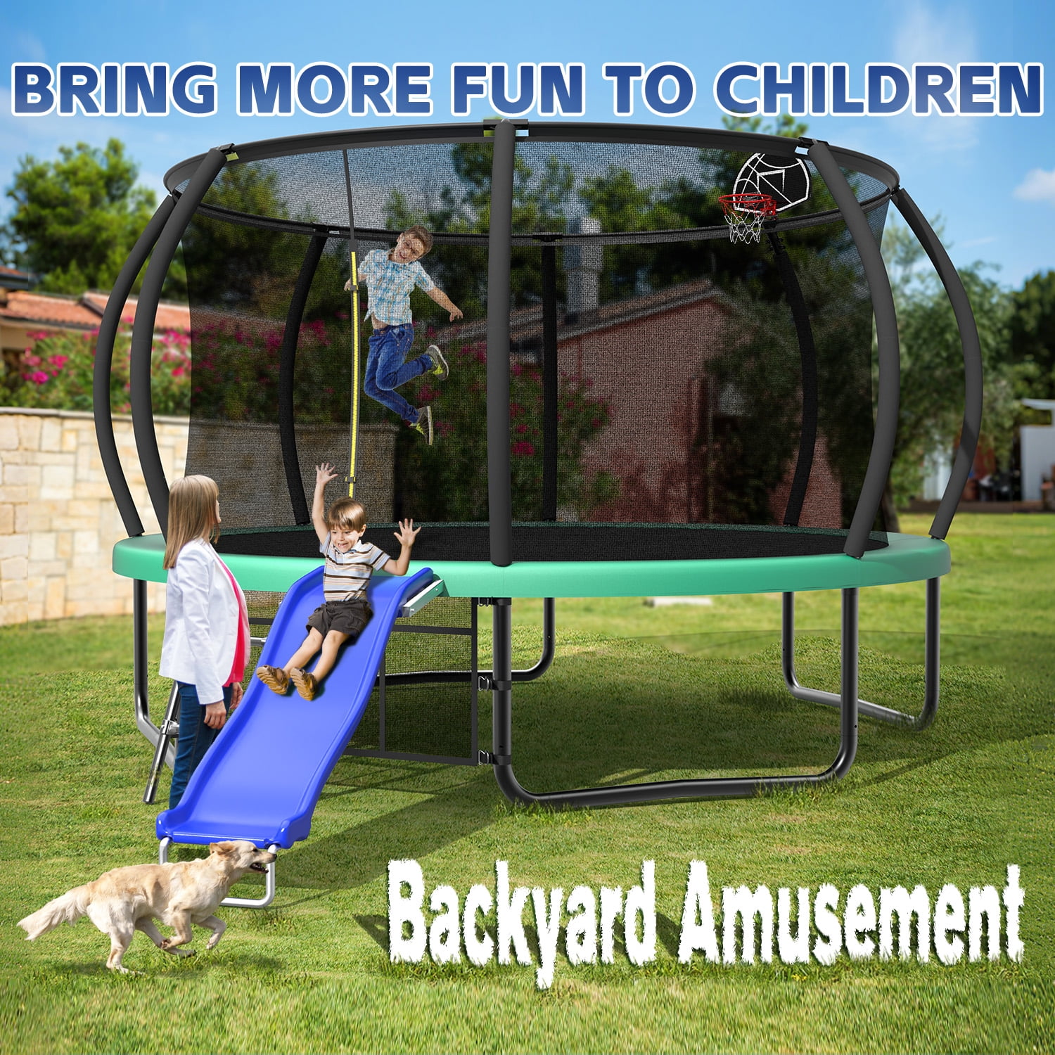 Mersco 12ft Heavy Duty Outdoor Trampoline with Enclosure Net, Slide, and Basketball Hoop (Green, 12 ft) gfnot