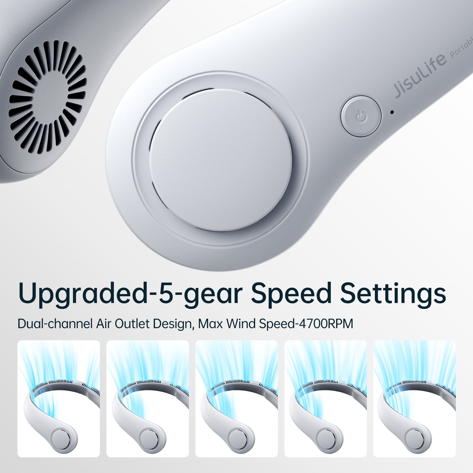 JISULIFE Portable Neck Fan, Rechargeable Wearable Cooling Fan, Bladeless Hands-Free Design, 5 Speeds, Lightweight (White, 9.1 oz) hhgfa