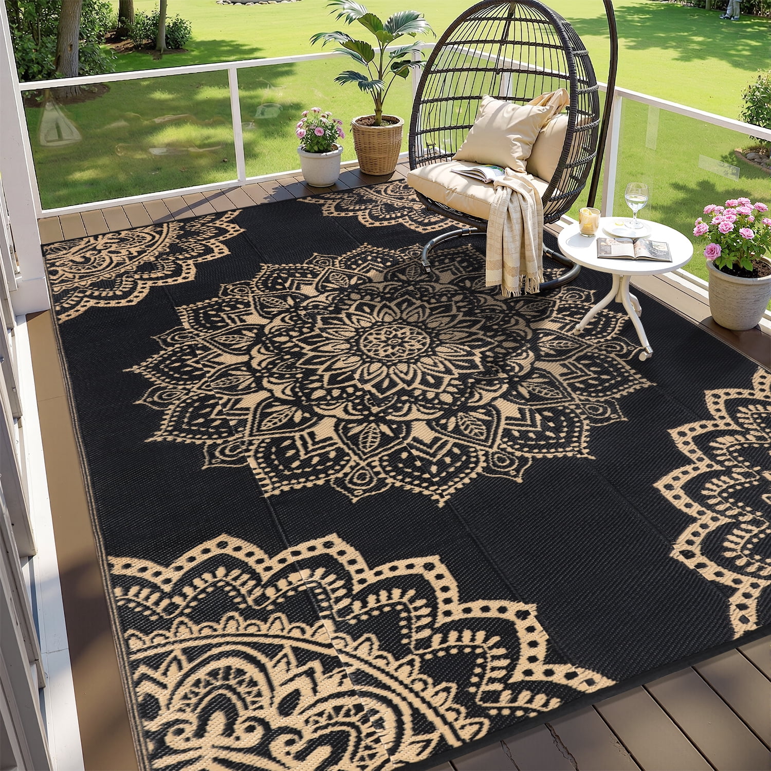 Findosom Reversible Outdoor Rug, Waterproof Plastic Straw Area Rug for Patio, RV, Camping, and Beach (Black, 6 ft x 9 ft) jgr0q